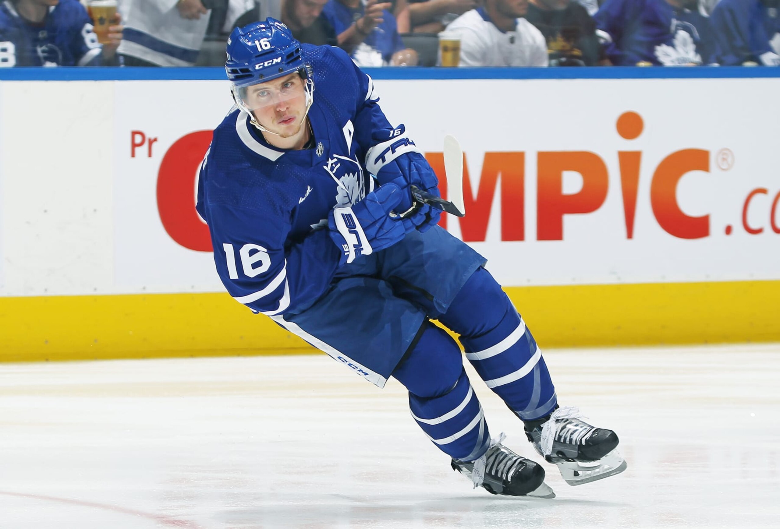 TORONTO, CANADA - MAY 12:  Mitchell Marner #16 of the Toronto Maple Leafs gets set to play against the Florida Panthers in Game Five of the Second Round of the 2023 Stanley Cup Playoffs at Scotiabank Arena on May 12, 2023 in Toronto, Ontario, Canada. The Panthers defeated the Maple Leafs 3-2 in overtime. (Photo by Claus Andersen/Getty Images)
