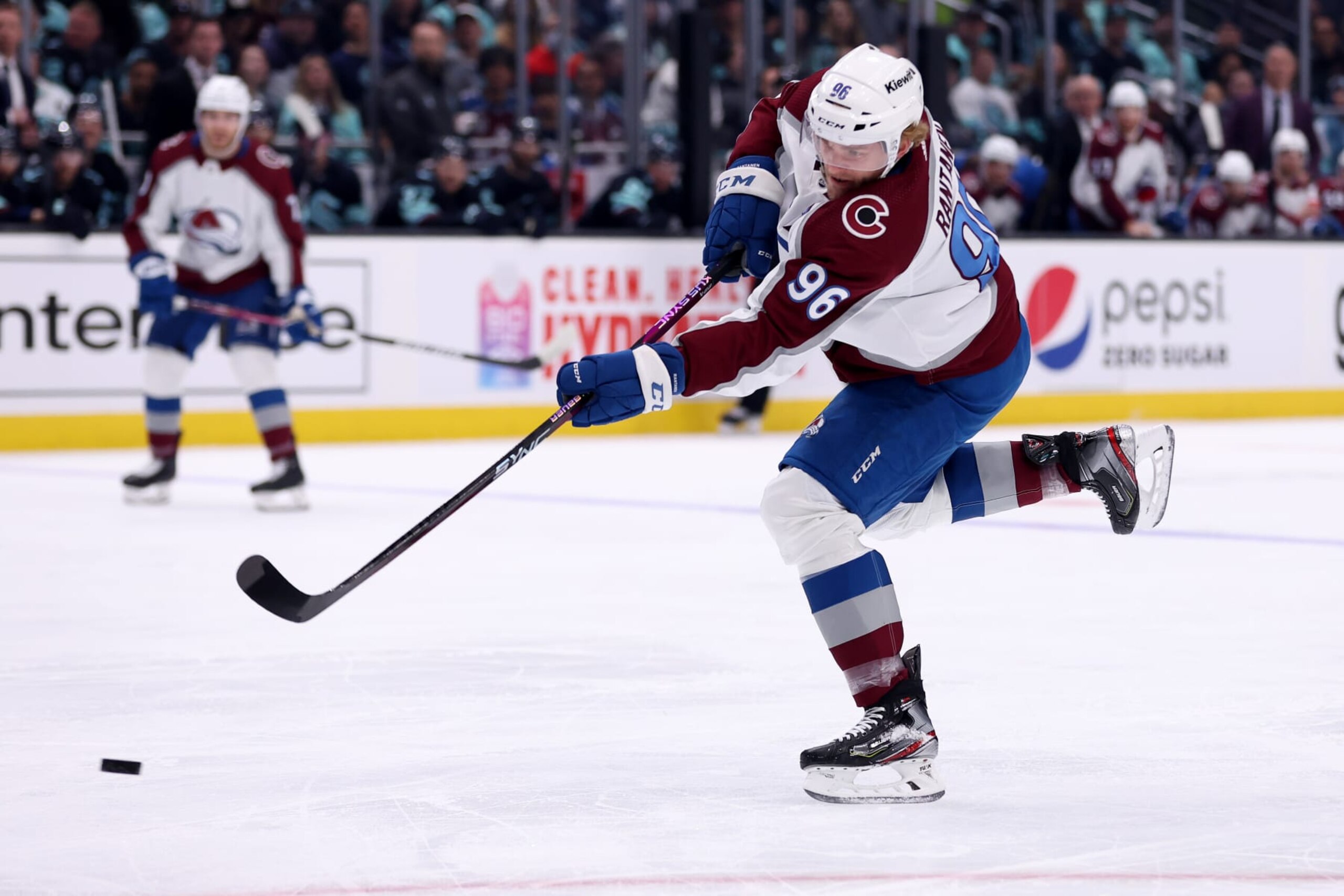 SEATTLE, WASHINGTON - APRIL 28: Mikko Rantanen #96 of the Colorado Avalanche shoots against the Seattle Kraken during the first period in Game Six of the First Round of the 2023 Stanley Cup Playoffs at Climate Pledge Arena on April 28, 2023 in Seattle, Washington. (Photo by Steph Chambers/Getty Images)