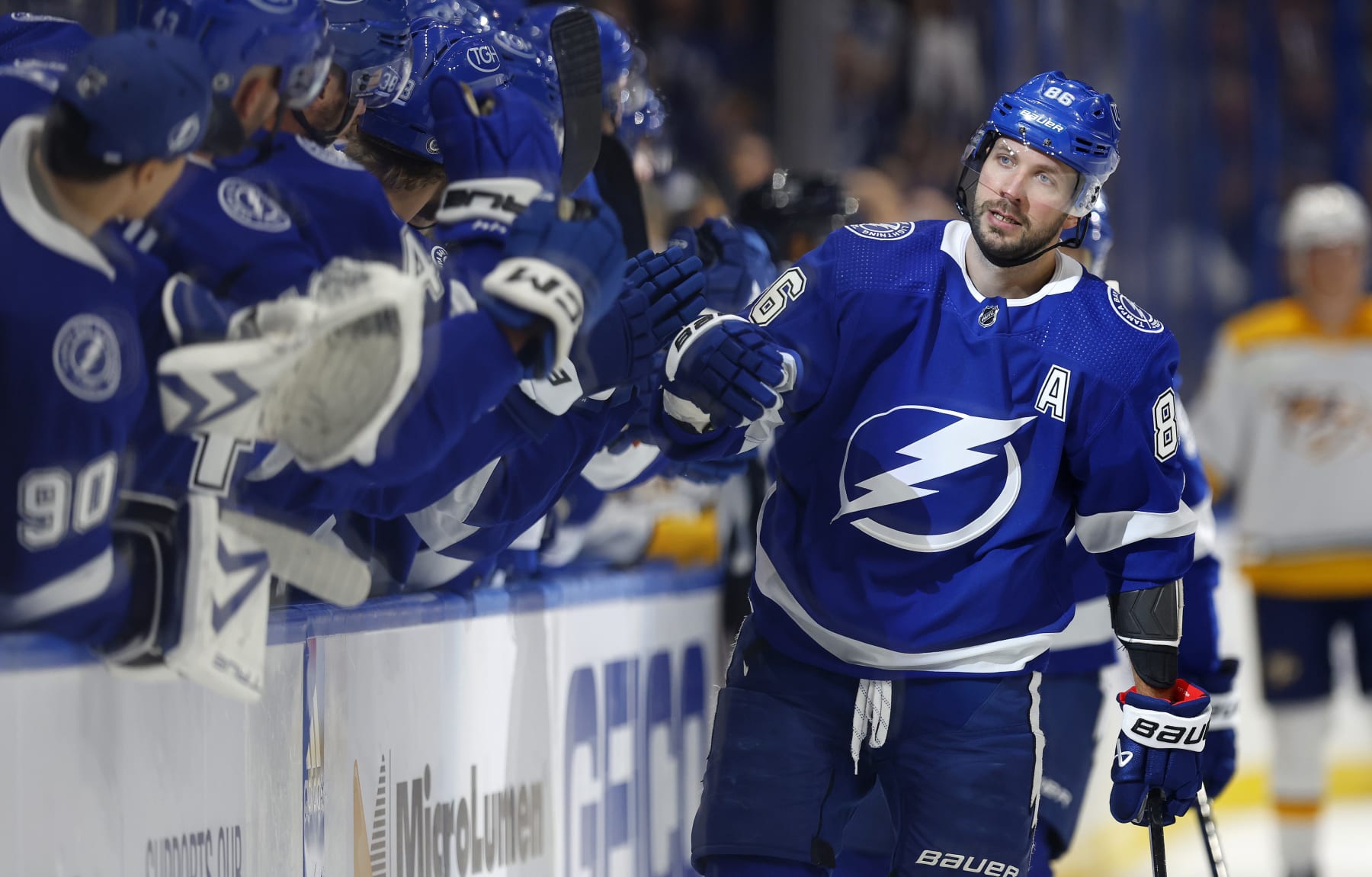 TAMPA, FLORIDA - OCTOBER 10: Nikita Kucherov #86 of the Tampa Bay Lightning celebrates a goal first period during the opening night game against the Nashville Predators at Amalie Arena on October 10, 2023 in Tampa, Florida. (Photo by Mike Ehrmann/Getty Images)