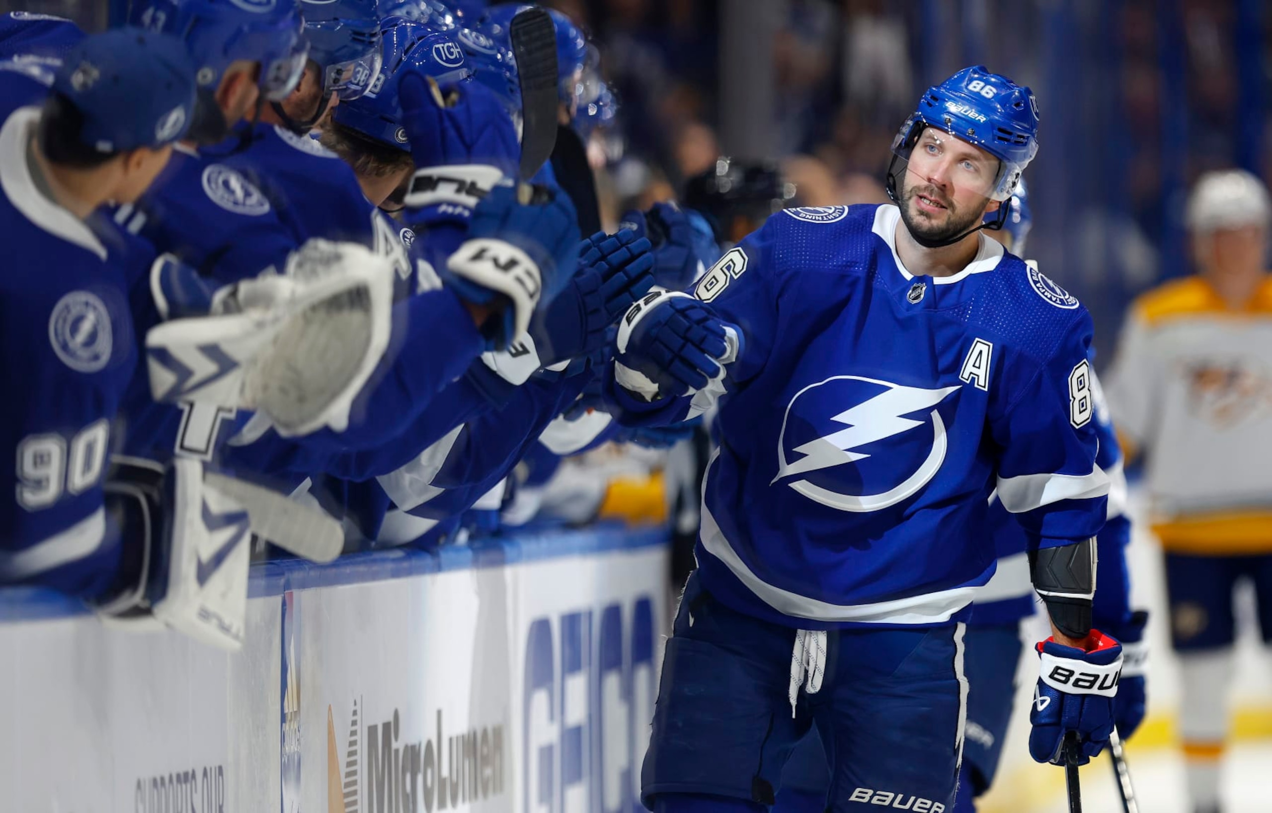 TAMPA, FLORIDA - OCTOBER 10: Nikita Kucherov #86 of the Tampa Bay Lightning celebrates a goal first period during the opening night game against the Nashville Predators at Amalie Arena on October 10, 2023 in Tampa, Florida. (Photo by Mike Ehrmann/Getty Images)