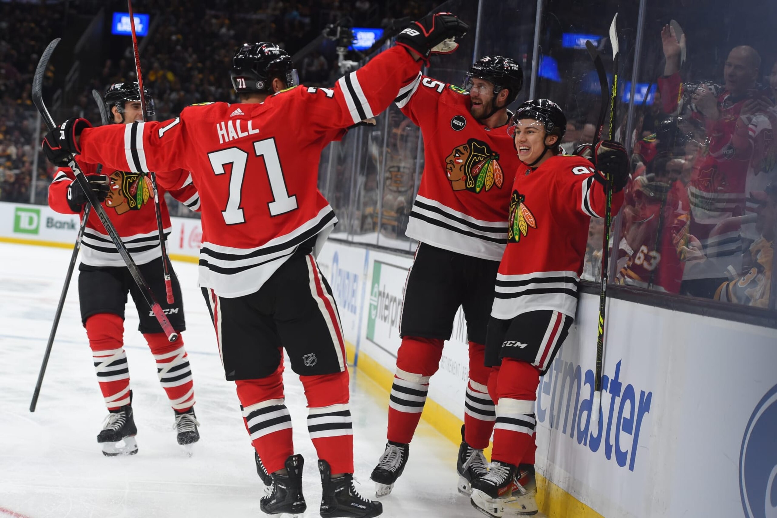 BOSTON, MASSACHUSETTS - OCTOBER 11: Connor Bedard #98 of the Chicago Blackhawks celebrates a first period goal against the Boston Bruins in the season opener on October 11, 2023 at the TD Garden in Boston, Massachusetts. (Photo by Steve Babineau/NHLI via Getty Images)