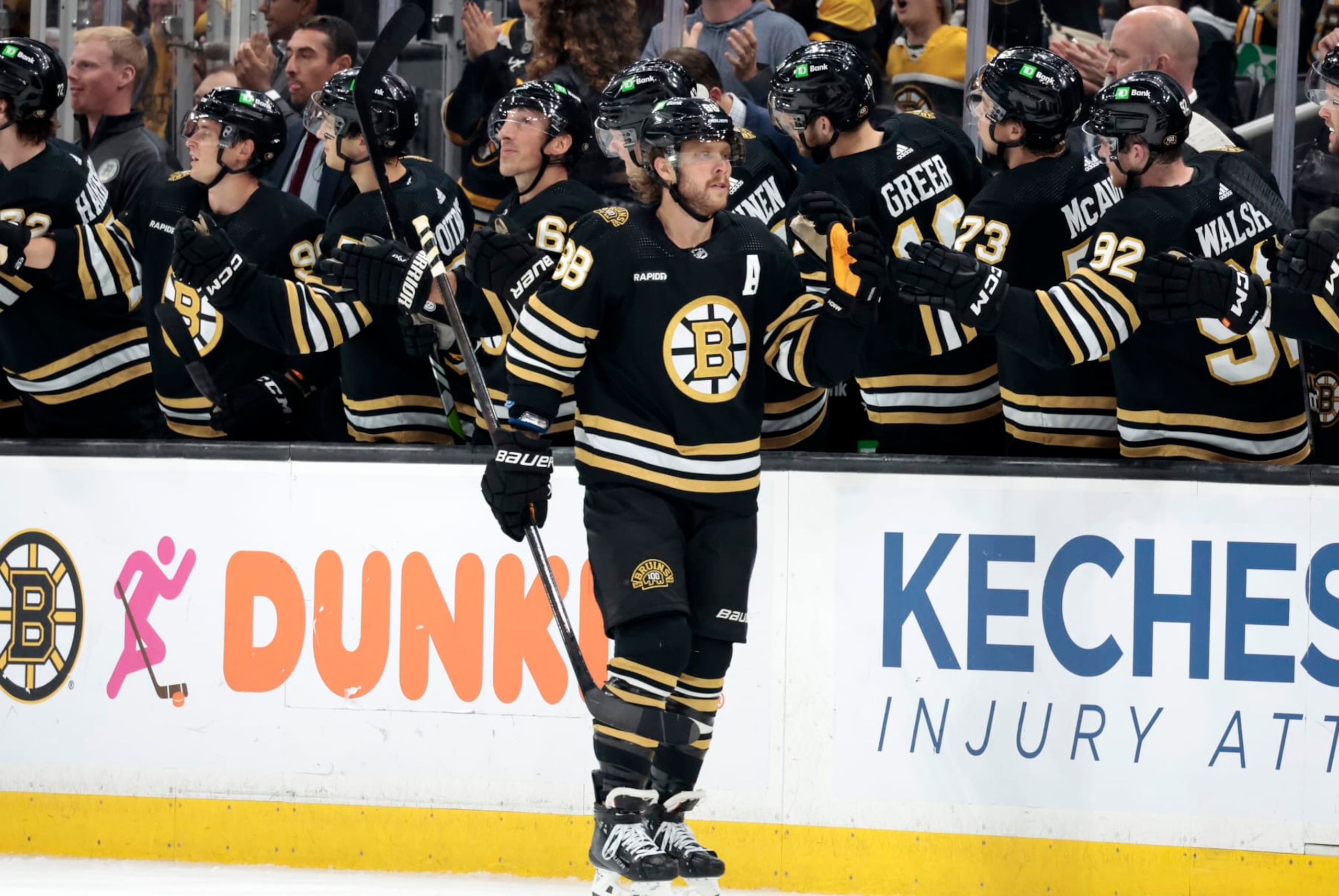 BOSTON, MA - SEPTEMBER 29: Boston Bruins right wing David Pastrnak (88) skates past the bench during a game between the Boston Bruins and the Philadelphia Flyers on September 29, 2023, at TD Garden in Boston, Massachusetts. (Photo by Fred Kfoury III/Icon Sportswire via Getty Images)