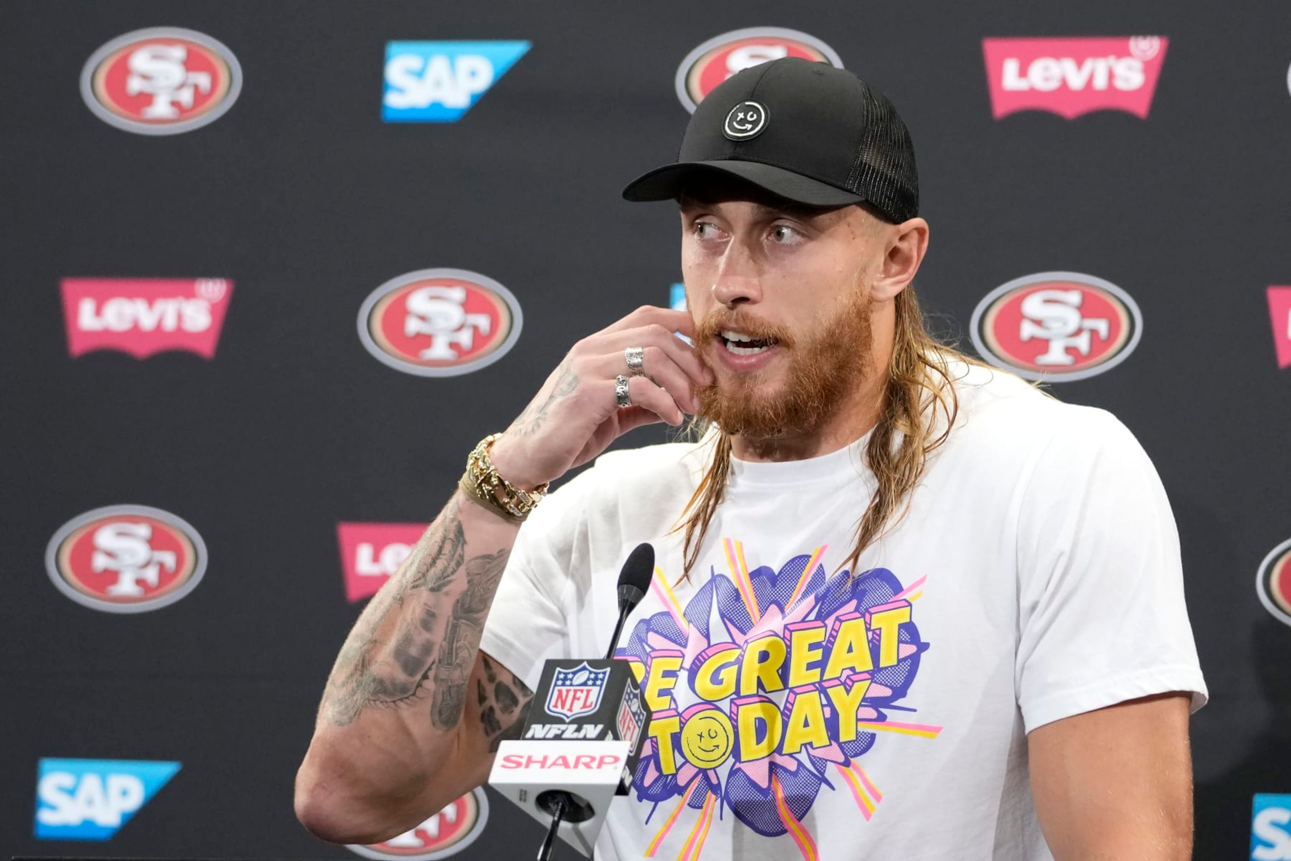 San Francisco 49ers tight end George Kittle speaks to reporters after an NFL football game against the Dallas Cowboys in Santa Clara, Calif., Sunday, Oct. 8, 2023. (AP Photo/Godofredo A. Vásquez)