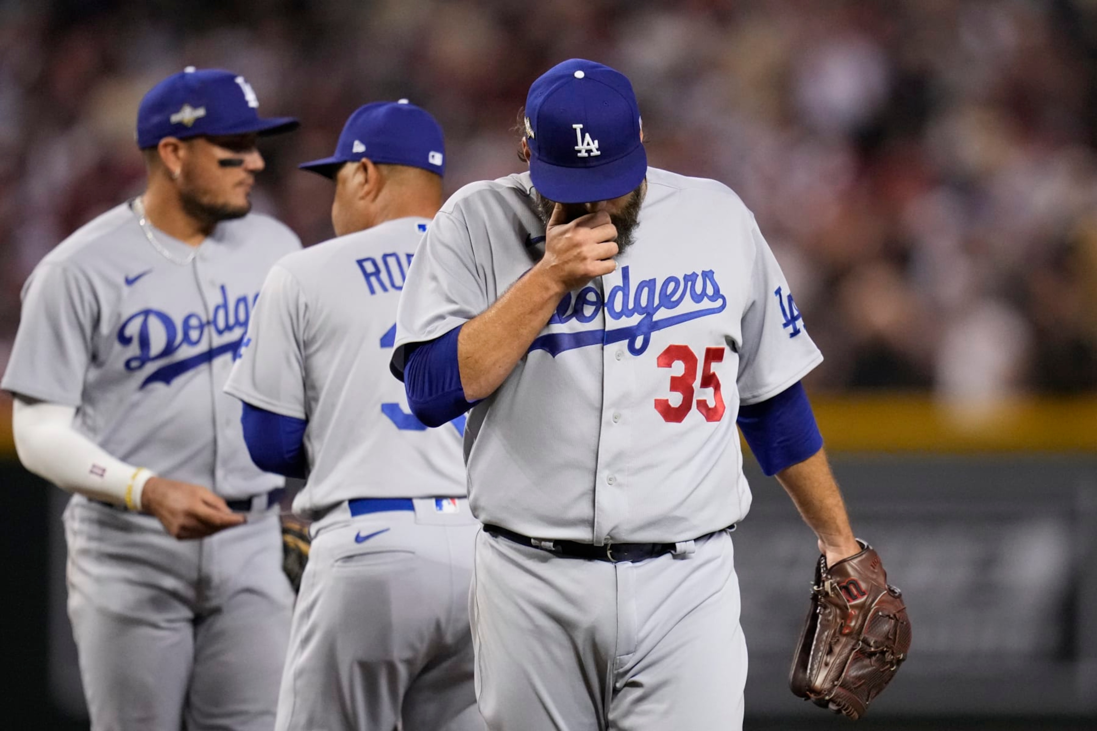 Los Angeles Dodgers starting pitcher Lance Lynn (35) reacts as he exits during the third inning in Game 3 of a baseball NL Division Series against the Los Angeles Dodgers, Wednesday, Oct. 11, 2023, in Phoenix. (AP Photo/Ross D. Franklin) Los Angeles Dodgers starting pitcher Lance Lynn (35) reacts as he exits during the third inning in Game 3 of a baseball NL Division Series against the Los Angeles Dodgers, Wednesday, Oct. 11, 2023, in Phoenix. (AP Photo/Ross D. Franklin)