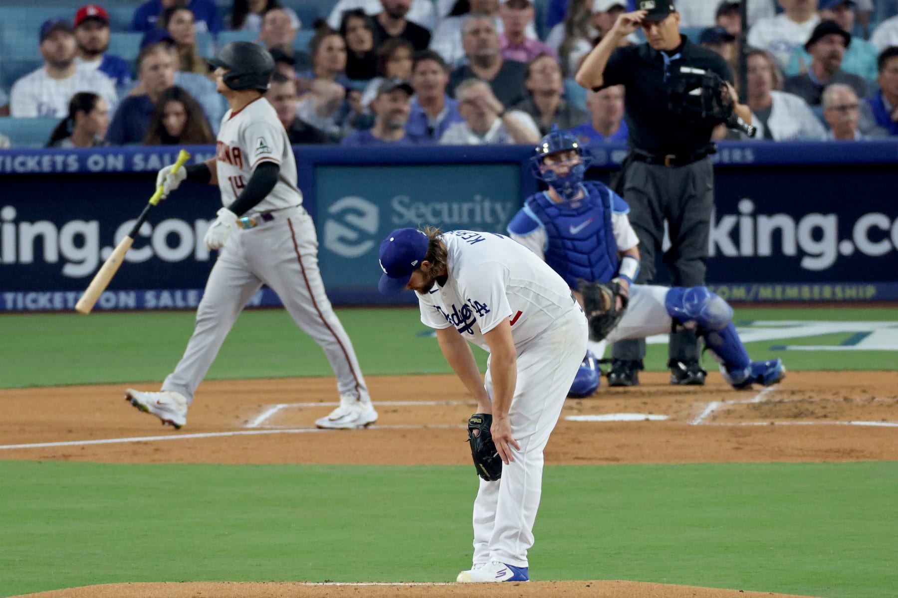 LOS ANGELES, CALIFORNIA - OCTOBER 07: Clayton Kershaw #22 of the Los Angeles Dodgers reacts after giving up a home run to Gabriel Moreno #14 of the Arizona Diamondbacks in the first inning during Game One of the Division Series at Dodger Stadium on October 07, 2023 in Los Angeles, California. (Photo by Kevork Djansezian/Getty Images)