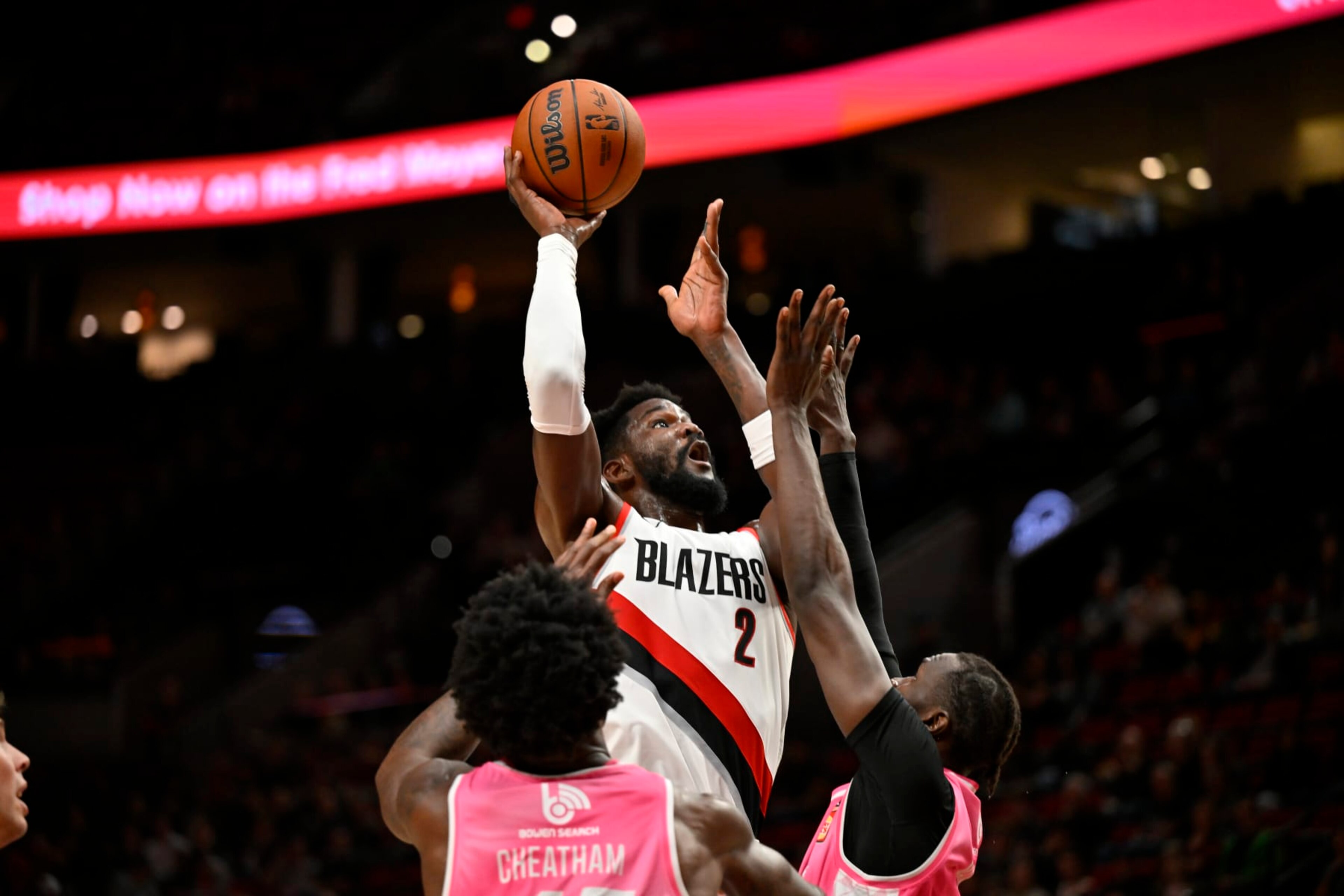 PORTLAND, OREGON - OCTOBER 10: Deandre Ayton #2 of the Portland Trail Blazers shoots during the second quarter of the exhibition game \V at Moda Center on October 10, 2023 in Portland, Oregon. NOTE TO USER: User expressly acknowledges and agrees that, by downloading and or using this Photograph, user is consenting to the terms and conditions of the Getty Images License Agreement. (Photo by Alika Jenner/Getty Images) PORTLAND, OREGON - OCTOBER 10: Deandre Ayton #2 of the Portland Trail Blazers shoots during the second quarter of the exhibition game \V at Moda Center on October 10, 2023 in Portland, Oregon. NOTE TO USER: User expressly acknowledges and agrees that, by downloading and or using this Photograph, user is consenting to the terms and conditions of the Getty Images License Agreement. (Photo by Alika Jenner/Getty Images)