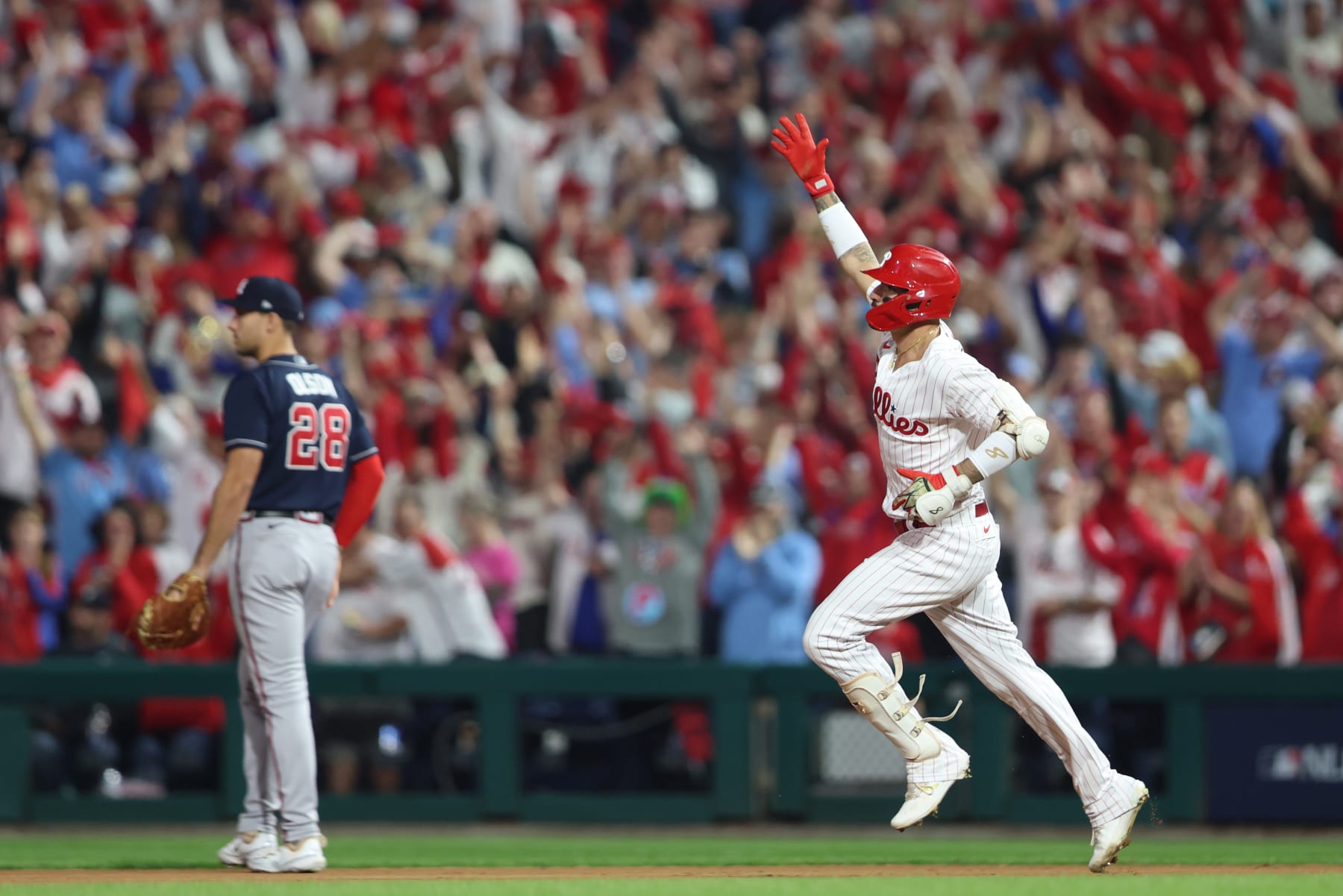 PHILADELPHIA, PA - OCTOBER 11: Nick Castellanos #8 of the Philadelphia Phillies reacts after hitting a home run in the eighth inning during Game 3 of the Division Series between the Atlanta Braves and the Philadelphia Phillies at Citizens Bank Park on Wednesday, October 11, 2023 in Philadelphia, Pennsylvania. (Photo by Rob Tringali/MLB Photos via Getty Images)