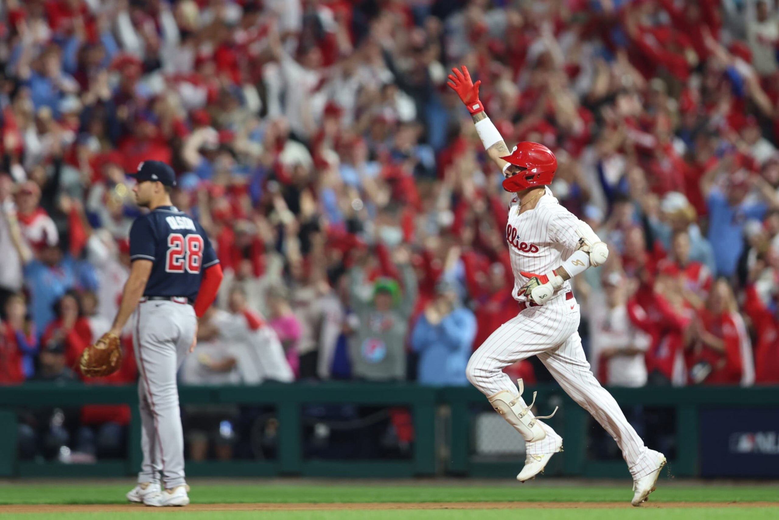 PHILADELPHIA, PA - OCTOBER 11: Nick Castellanos #8 of the Philadelphia Phillies reacts after hitting a home run in the eighth inning during Game 3 of the Division Series between the Atlanta Braves and the Philadelphia Phillies at Citizens Bank Park on Wednesday, October 11, 2023 in Philadelphia, Pennsylvania. (Photo by Rob Tringali/MLB Photos via Getty Images)