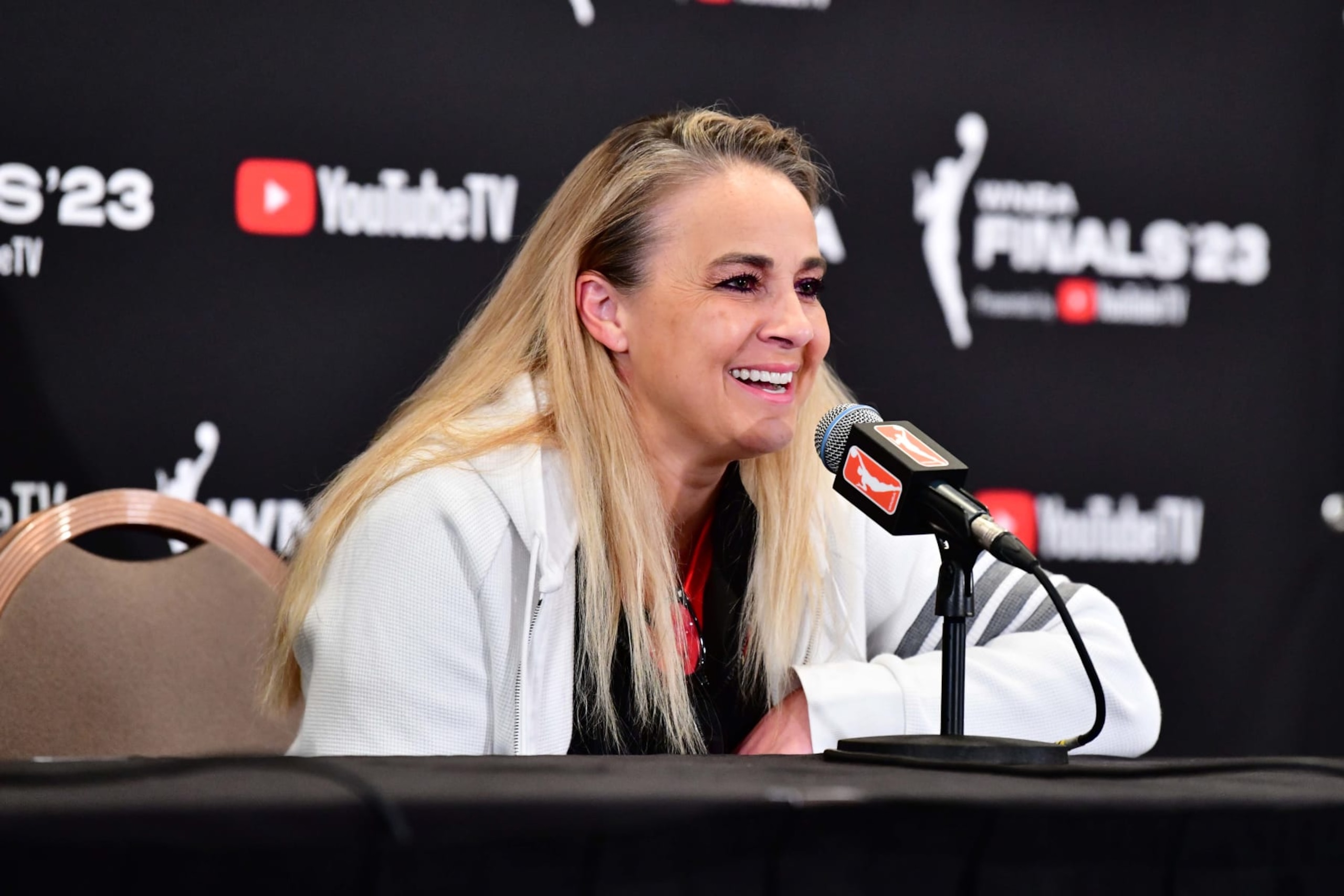 LAS VEGAS, NV - OCTOBER 11: Head Coach Becky Hammon of the Las Vegas Aces talks to the media before the game against the New York Liberty during Game 2 of the 2023 WNBA Finals on October 11, 2023 at the Michelob ULTRA Arena in Las Vegas, Nevada. NOTE TO USER: User expressly acknowledges and agrees that, by downloading and or using this photograph, User is consenting to the terms and conditions of the Getty Images License Agreement. Mandatory Copyright Notice: Copyright 2023 NBAE (Photo by Barry Gossage/NBAE via Getty Images)
