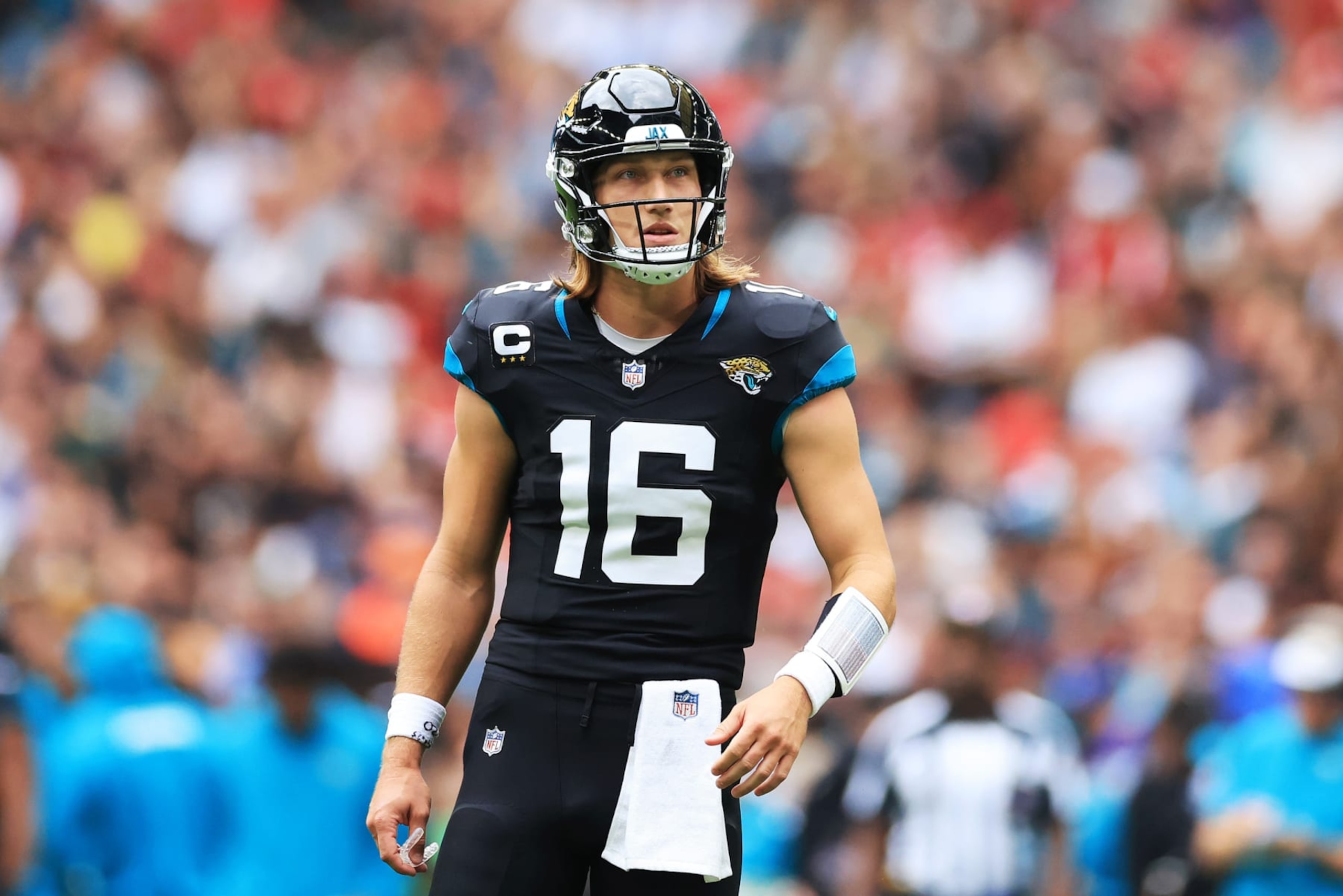 LONDON, ENGLAND - OCTOBER 01: Trevor Lawrence #16 of the Jacksonville Jaguars looks on during the first quarter during the NFL match between Atlanta Falcons and Jacksonville Jaguars at Wembley Stadium on October 01, 2023 in London, England. (Photo by Stephen Pond/Getty Images)