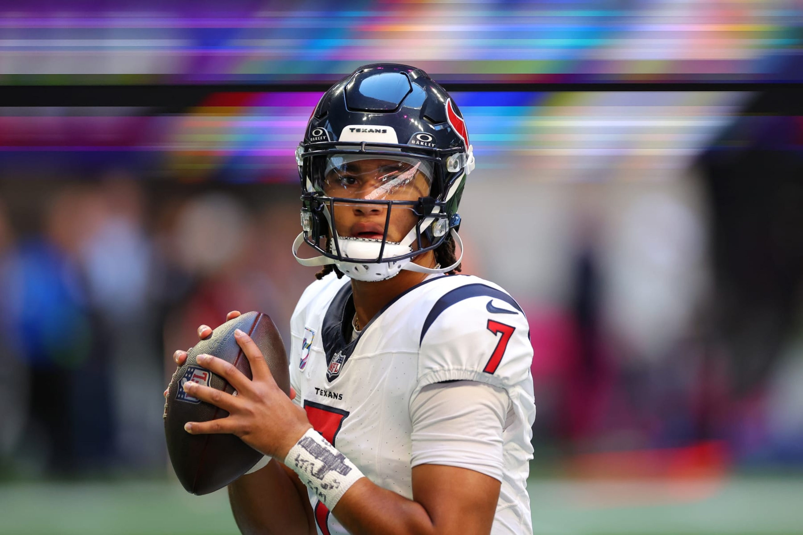 ATLANTA, GEORGIA - OCTOBER 08: C.J. Stroud #7 of the Houston Texans warms up before the game against the Atlanta Falcons at Mercedes-Benz Stadium on October 08, 2023 in Atlanta, Georgia. (Photo by Kevin C. Cox/Getty Images)