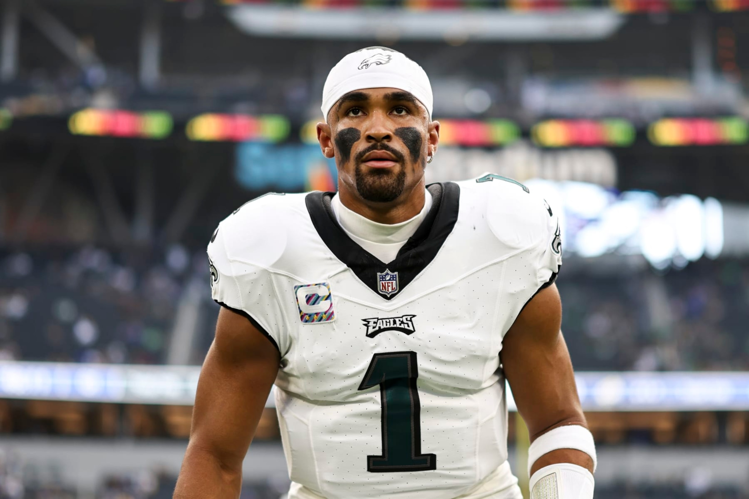 INGLEWOOD, CALIFORNIA - OCTOBER 08: Jalen Hurts #1 of the Philadelphia Eagles stretches as he warms up prior to an NFL football game between the Los Angeles Rams and the Philadelphia Eagles at SoFi Stadium on October 08, 2023 in Inglewood, California. (Photo by Michael Owens/Getty Images)