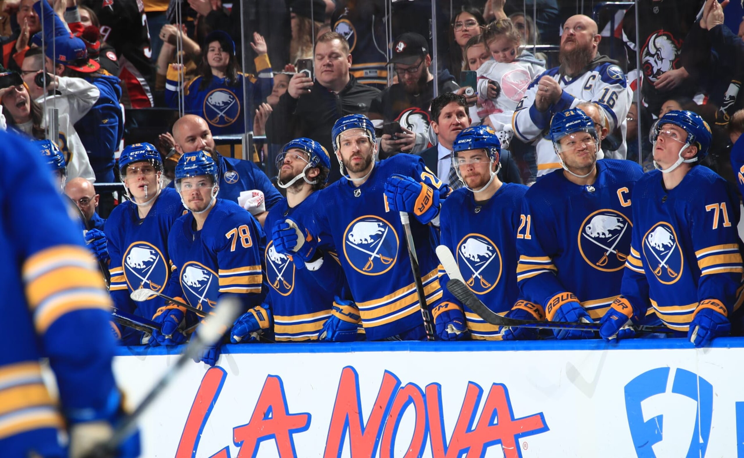 BUFFALO, NY - FEBRUARY 28: Buffalo Sabres players on the bench react during an NHL game against the Columbus Blue Jackets on February 28, 2023 at KeyBank Center in Buffalo, New York. (Photo by Bill Wippert/NHLI via Getty Images) BUFFALO, NY - FEBRUARY 28: Buffalo Sabres players on the bench react during an NHL game against the Columbus Blue Jackets on February 28, 2023 at KeyBank Center in Buffalo, New York. (Photo by Bill Wippert/NHLI via Getty Images)