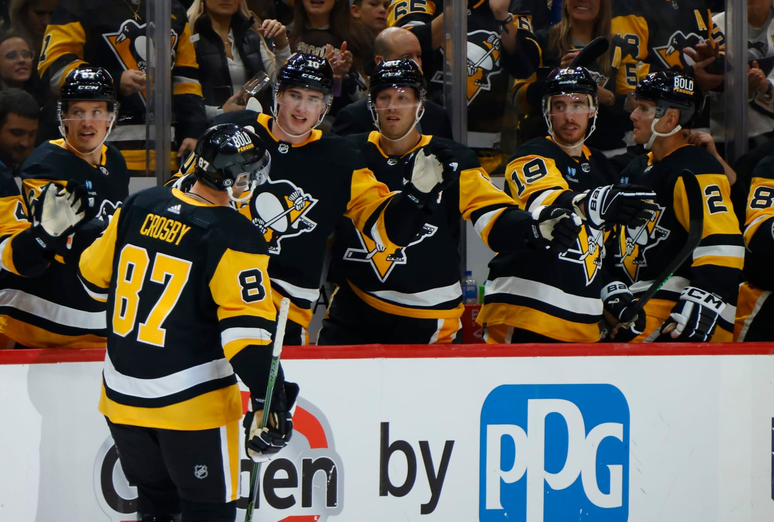 PITTSBURGH, PENNSYLVANIA - OCTOBER 10: Sidney Crosby #87 of the Pittsburgh Penguins celebrates with teammates after a goal during the second period against the Chicago Blackhawks at PPG PAINTS Arena on October 10, 2023 in Pittsburgh, Pennsylvania. (Photo by Bruce Bennett/Getty Images) PITTSBURGH, PENNSYLVANIA - OCTOBER 10: Sidney Crosby #87 of the Pittsburgh Penguins celebrates with teammates after a goal during the second period against the Chicago Blackhawks at PPG PAINTS Arena on October 10, 2023 in Pittsburgh, Pennsylvania. (Photo by Bruce Bennett/Getty Images)