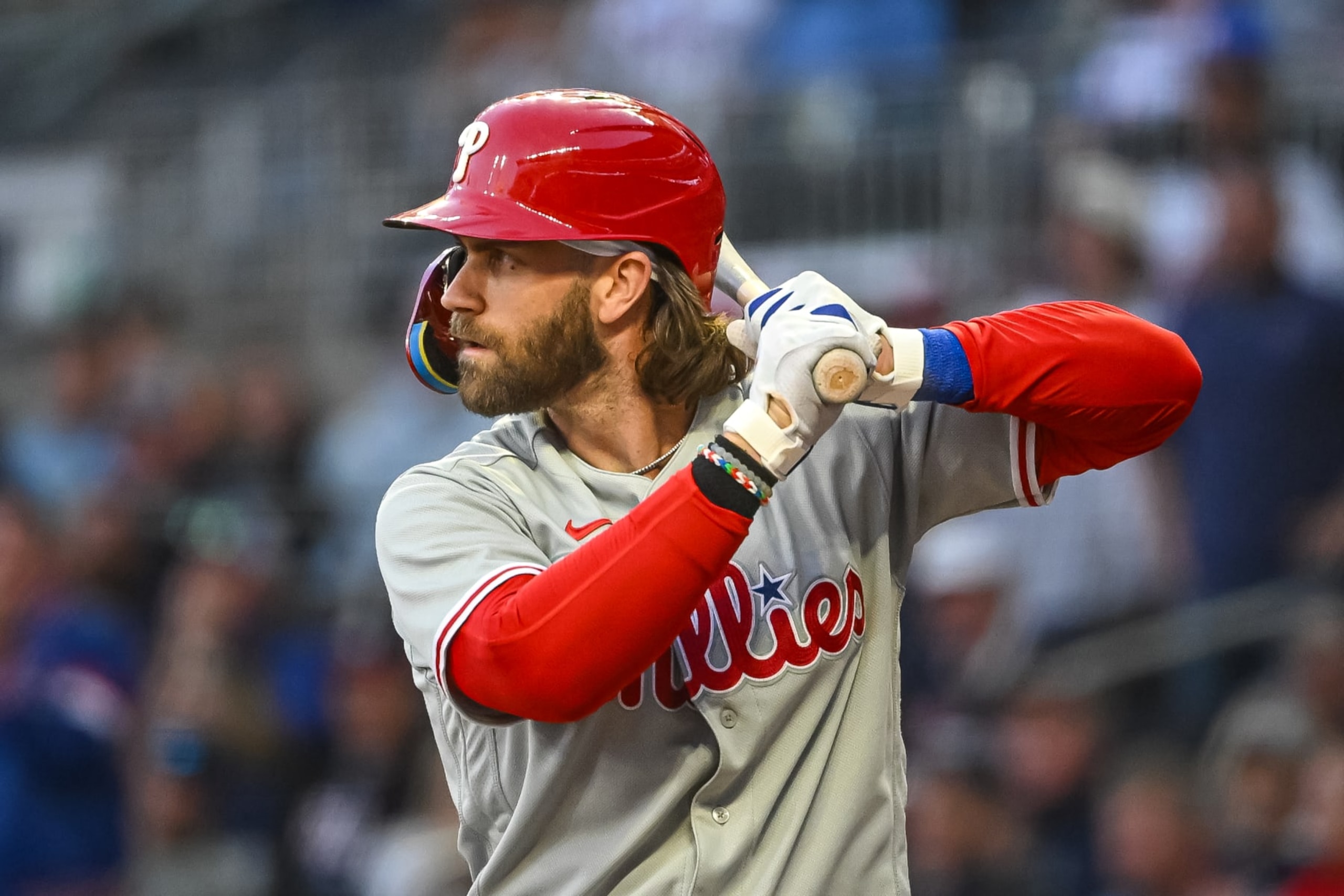 ATLANTA, GA - OCTOBER 07: Philadelphia Phillies designated hitter Bryce Harper (3) during game 1 of the NLDS between the Philadelphia Phillies and Atlanta Braves on October 7, 2023, at Truist Park in Atlanta, GA. (Photo by John Adams/Icon Sportswire via Getty Images)