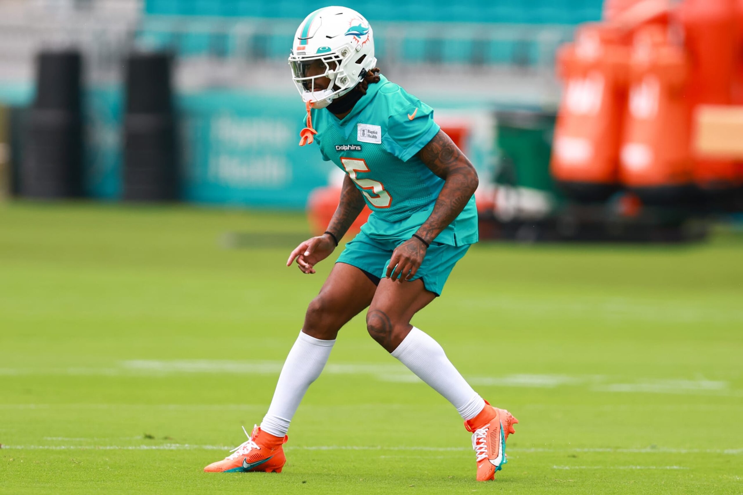 MIAMI GARDENS, FLORIDA - JULY 26: Jalen Ramsey #5 of the Miami Dolphins takes part in a drill during training camp at Baptist Health Training Complex on July 26, 2023 in Miami Gardens, Florida. (Photo by Megan Briggs/Getty Images)