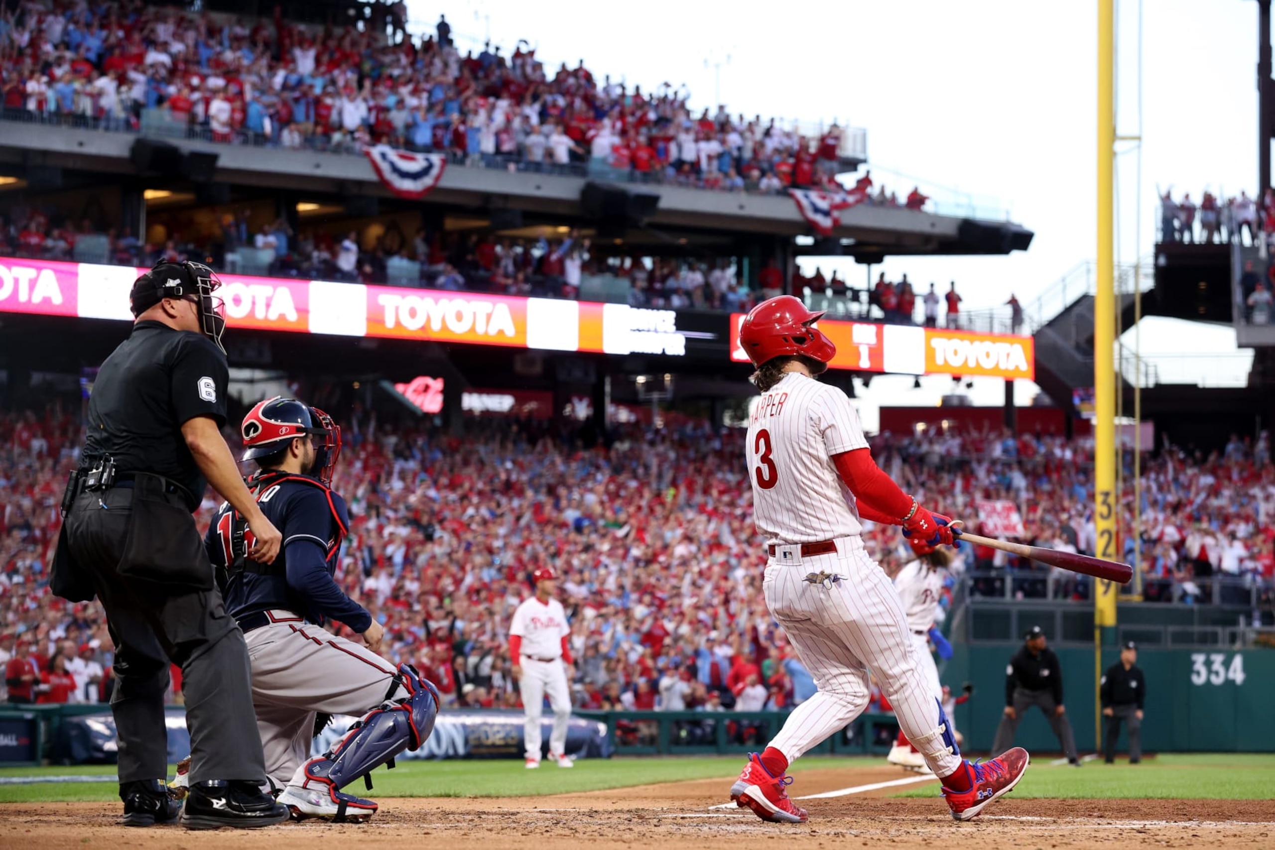 PHILADELPHIA, PENNSYLVANIA - OCTOBER 11: Bryce Harper #3 of the Philadelphia Phillies hits a three run home run against Bryce Elder #55 of the Atlanta Braves during the third inning in Game Three of the Division Series at Citizens Bank Park on October 11, 2023 in Philadelphia, Pennsylvania. (Photo by Tim Nwachukwu/Getty Images) PHILADELPHIA, PENNSYLVANIA - OCTOBER 11: Bryce Harper #3 of the Philadelphia Phillies hits a three run home run against Bryce Elder #55 of the Atlanta Braves during the third inning in Game Three of the Division Series at Citizens Bank Park on October 11, 2023 in Philadelphia, Pennsylvania. (Photo by Tim Nwachukwu/Getty Images)