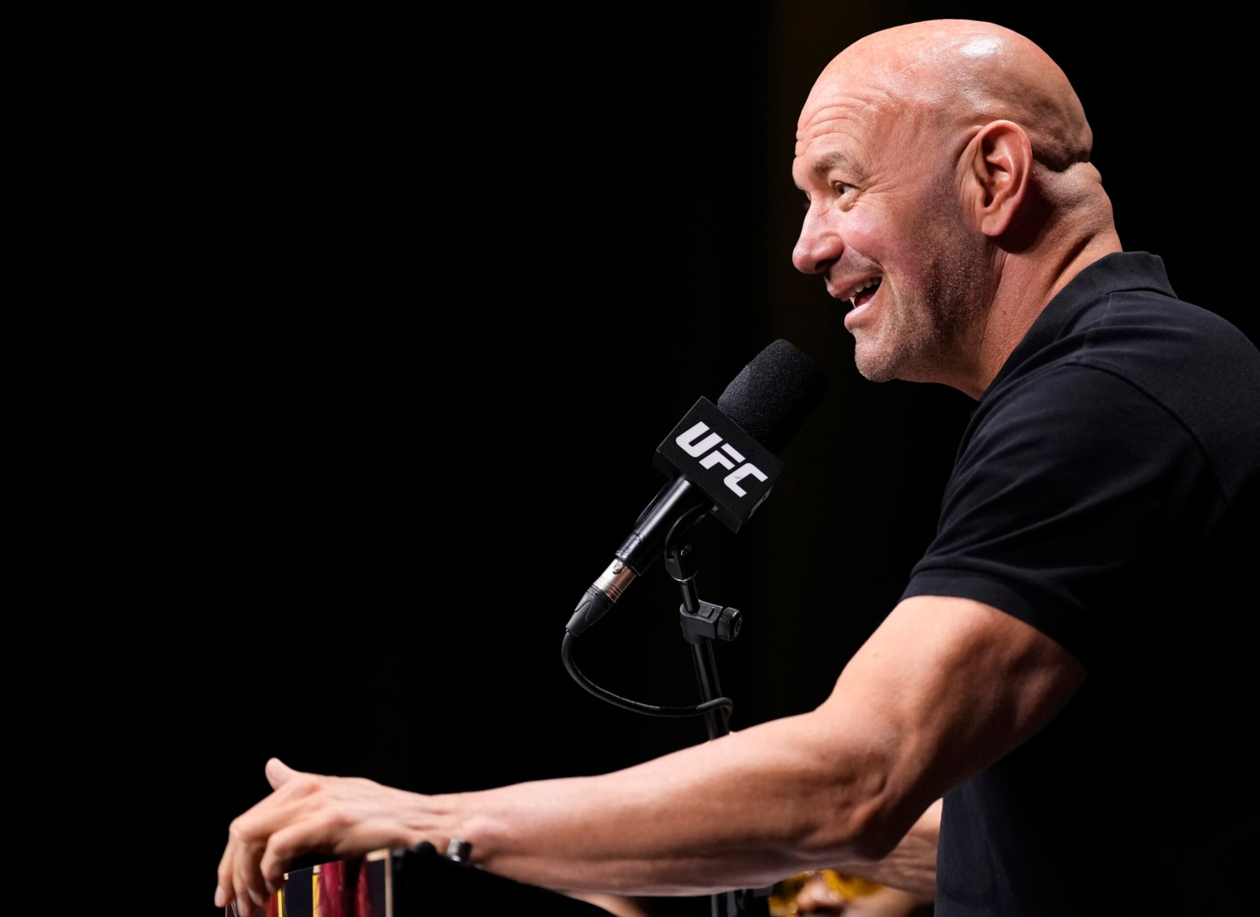 BOSTON, MASSACHUSETTS - AUGUST 17: UFC president Dana White is seen on stage during the UFC 292 press conference at TD Garden on August 17, 2023 in Boston, Massachusetts. (Photo by Mike Roach/Zuffa LLC via Getty Images)