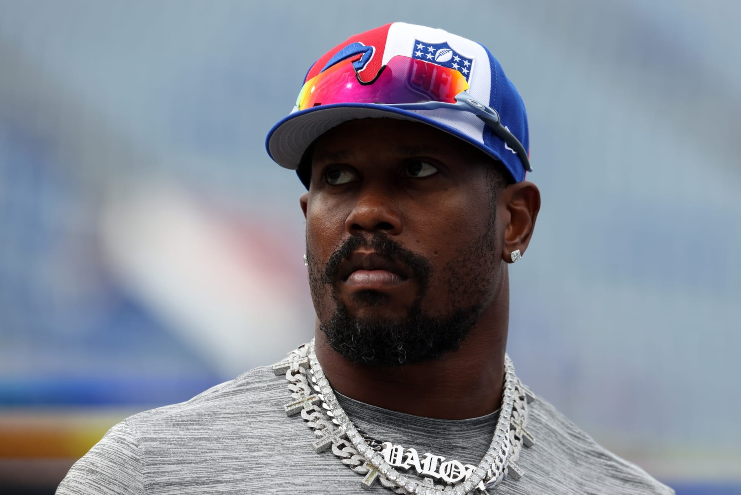 ORCHARD PARK, NEW YORK - SEPTEMBER 17: Von Miller #40 of the Buffalo Bills looks during pregame against the Las Vegas Raiders at Highmark Stadium on September 17, 2023 in Orchard Park, New York. (Photo by Bryan M. Bennett/Getty Images)