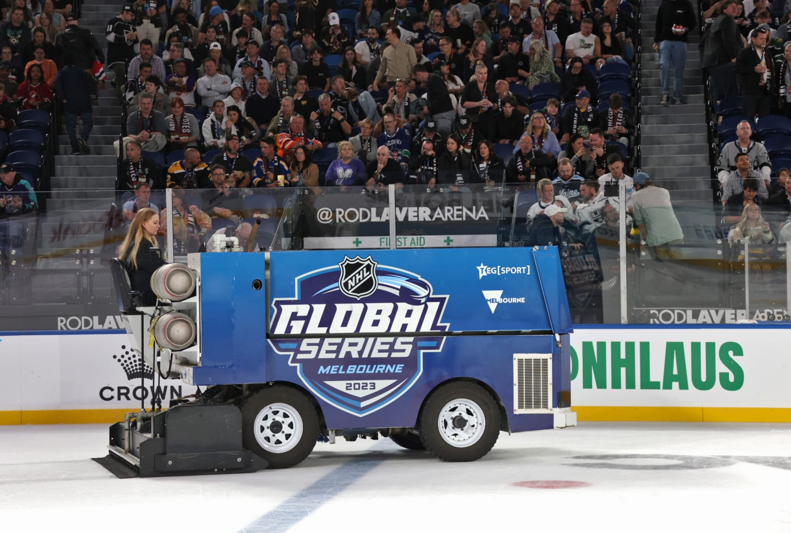 MELBOURNE, AUSTRALIA - SEPTEMBER 24: An ice resurfacing machine cleans the ice during the second intermission of the NHL Global Series match between Arizona Coyotes and Los Angeles Kings at Rod Laver Arena on September 24, 2023 in Melbourne, Australia. (Photo by Dave Sandford/NHLI via Getty Images)