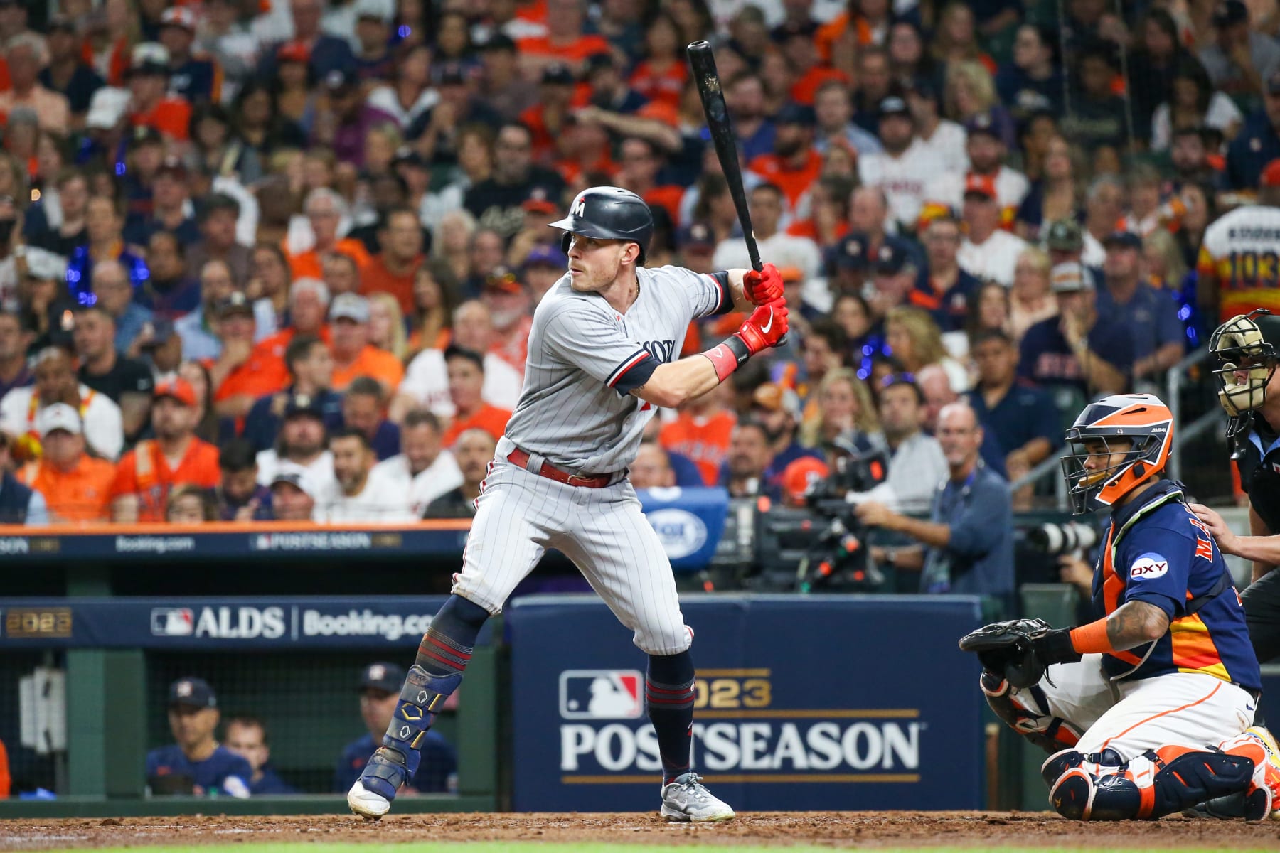 HOUSTON, TX - OCTOBER 08: Minnesota Twins right fielder Max Kepler (26) watches the pitch in the top of the sixth inning during the Major League Baseball ALDS Game 2 between the Minnesota Twins and Houston Astros on October 8, 2023 at Minute Maid Park in Houston, Texas. (Photo by Leslie Plaza Johnson/Icon Sportswire via Getty Images)