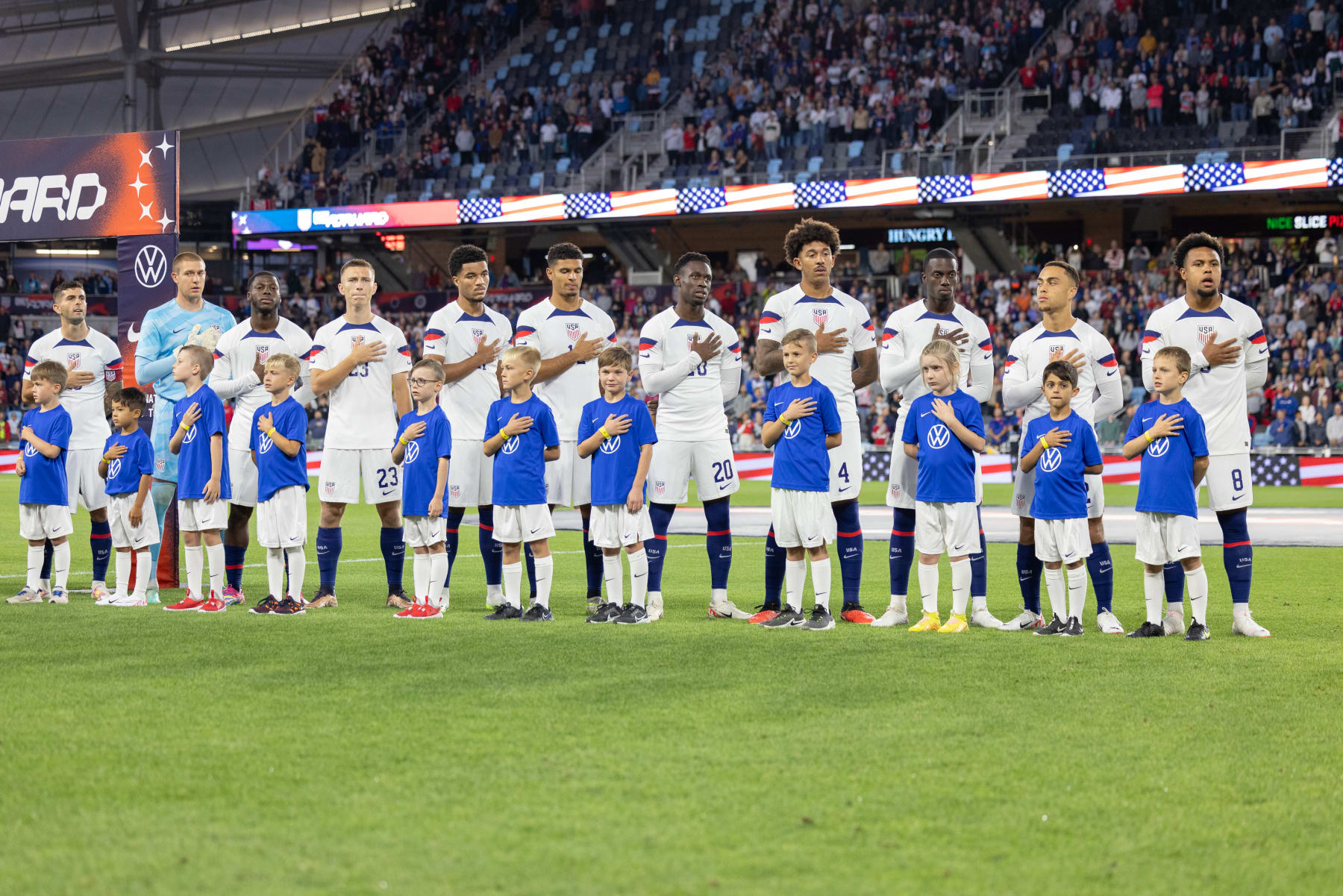 ST PAUL, MN - SEPTEMBER 12: United States starting eleven line up for the playing of the national anthem prior to an international friendly game between Oman and USMNT at Allianz Field on September 12, 2023 in St Paul, Minnesota. (Photo by John Dorton/ISI Photos/Getty Images).