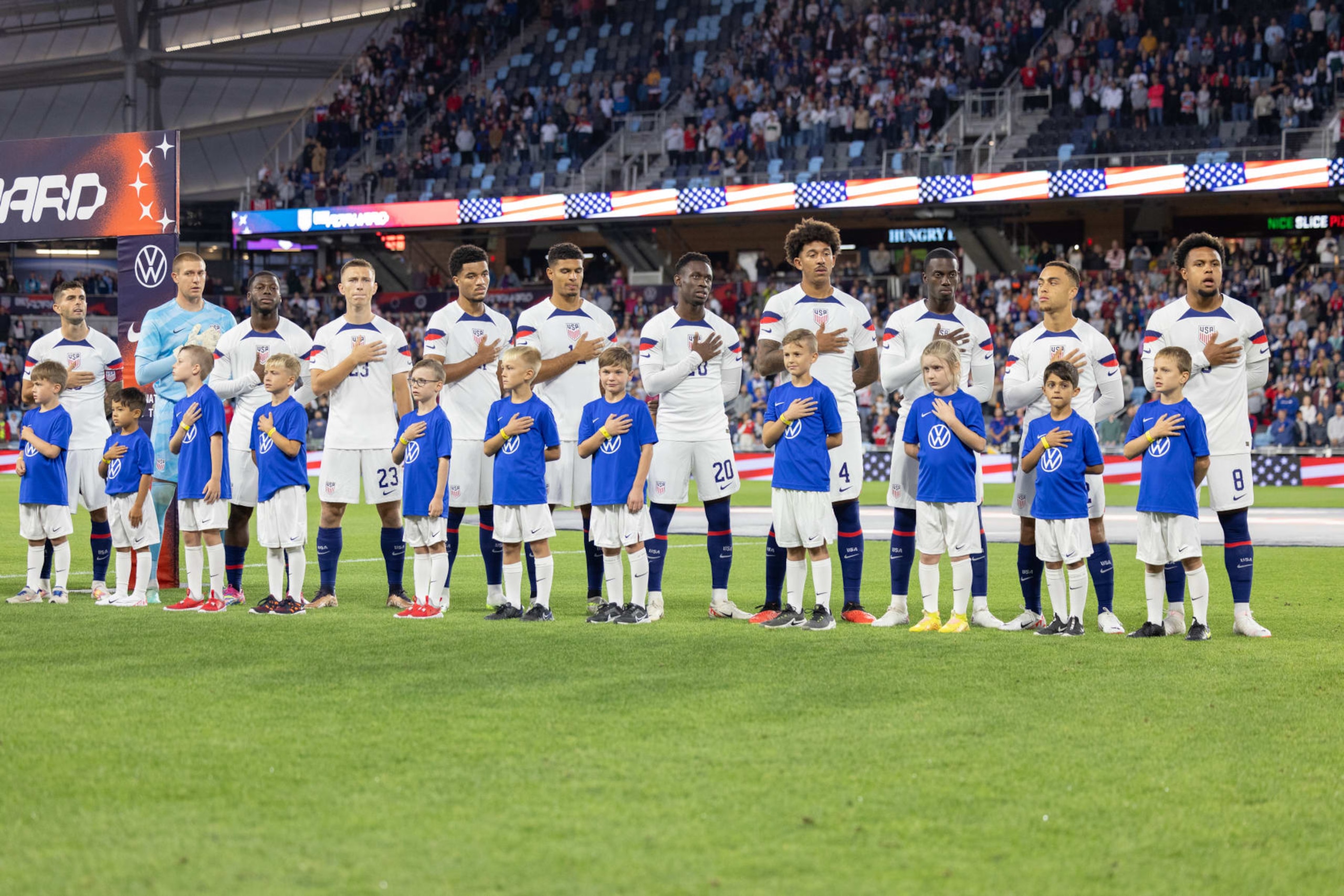 ST PAUL, MN - SEPTEMBER 12: United States starting eleven line up for the playing of the national anthem prior to an international friendly game between Oman and USMNT at Allianz Field on September 12, 2023 in St Paul, Minnesota. (Photo by John Dorton/ISI Photos/Getty Images).