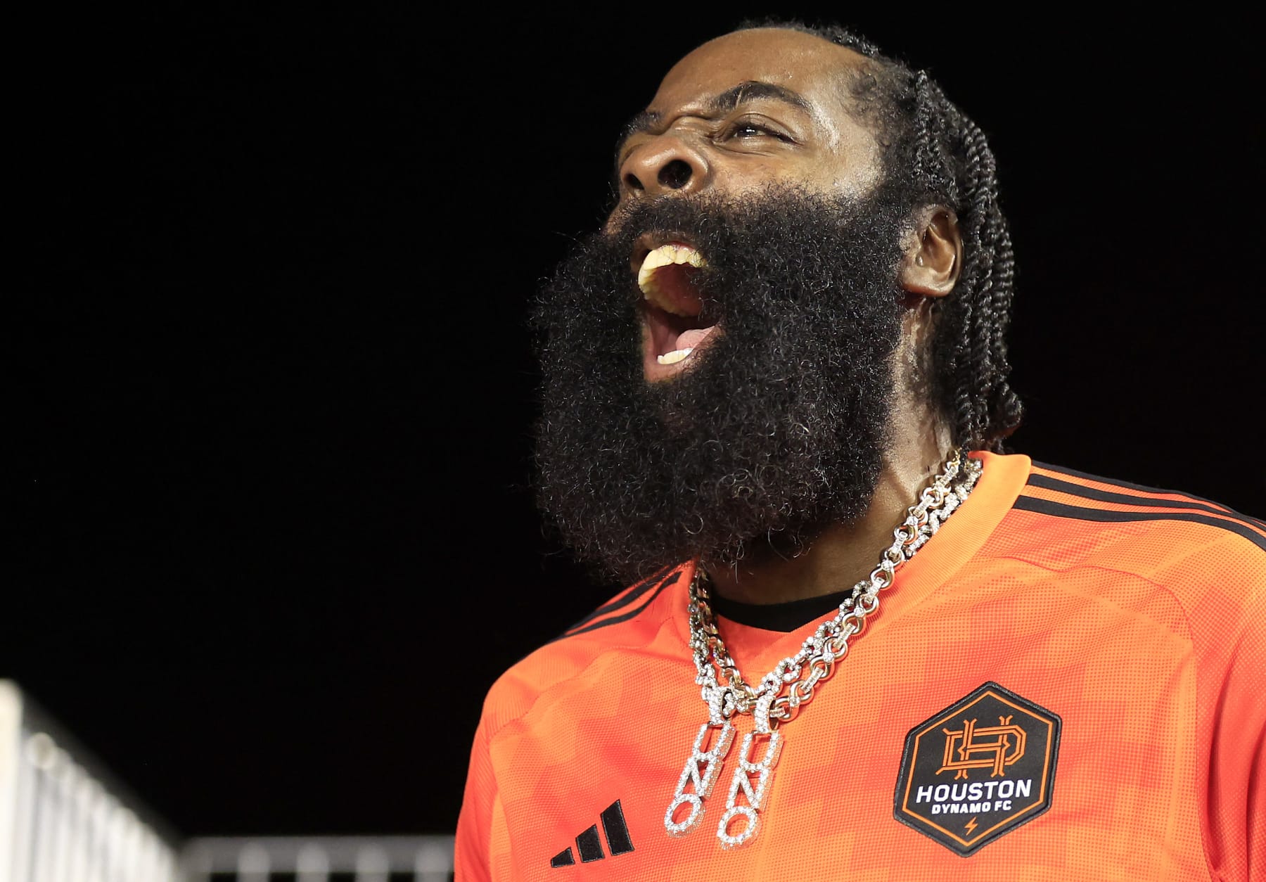 FORT LAUDERDALE, FLORIDA - SEPTEMBER 27: NBA player James Harden watches the game during the first half during the 2023 U.S. Open Cup Final between the Houston Dynamo FC and Inter Miami CF at DRV PNK Stadium on September 27, 2023 in Fort Lauderdale, Florida. (Photo by Carmen Mandato/USSF/Getty Images for USSF)