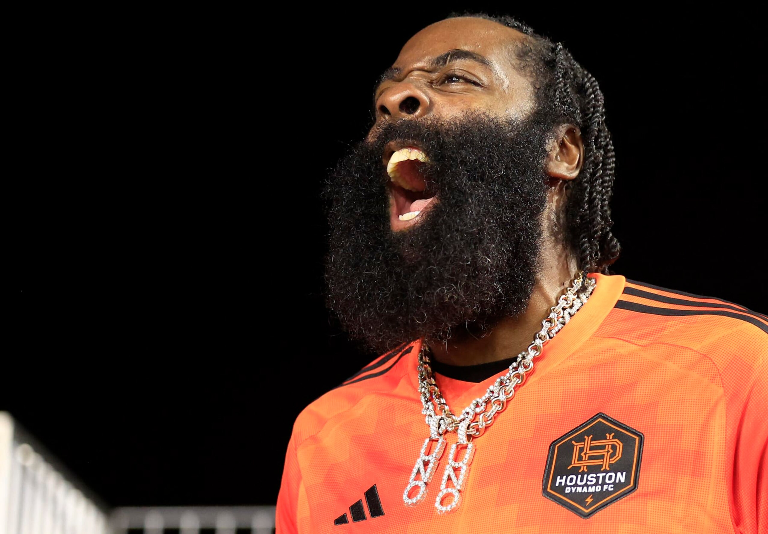 FORT LAUDERDALE, FLORIDA - SEPTEMBER 27: NBA player James Harden watches the game during the first half during the 2023 U.S. Open Cup Final between the Houston Dynamo FC and Inter Miami CF at DRV PNK Stadium on September 27, 2023 in Fort Lauderdale, Florida. (Photo by Carmen Mandato/USSF/Getty Images for USSF) FORT LAUDERDALE, FLORIDA - SEPTEMBER 27: NBA player James Harden watches the game during the first half during the 2023 U.S. Open Cup Final between the Houston Dynamo FC and Inter Miami CF at DRV PNK Stadium on September 27, 2023 in Fort Lauderdale, Florida. (Photo by Carmen Mandato/USSF/Getty Images for USSF)