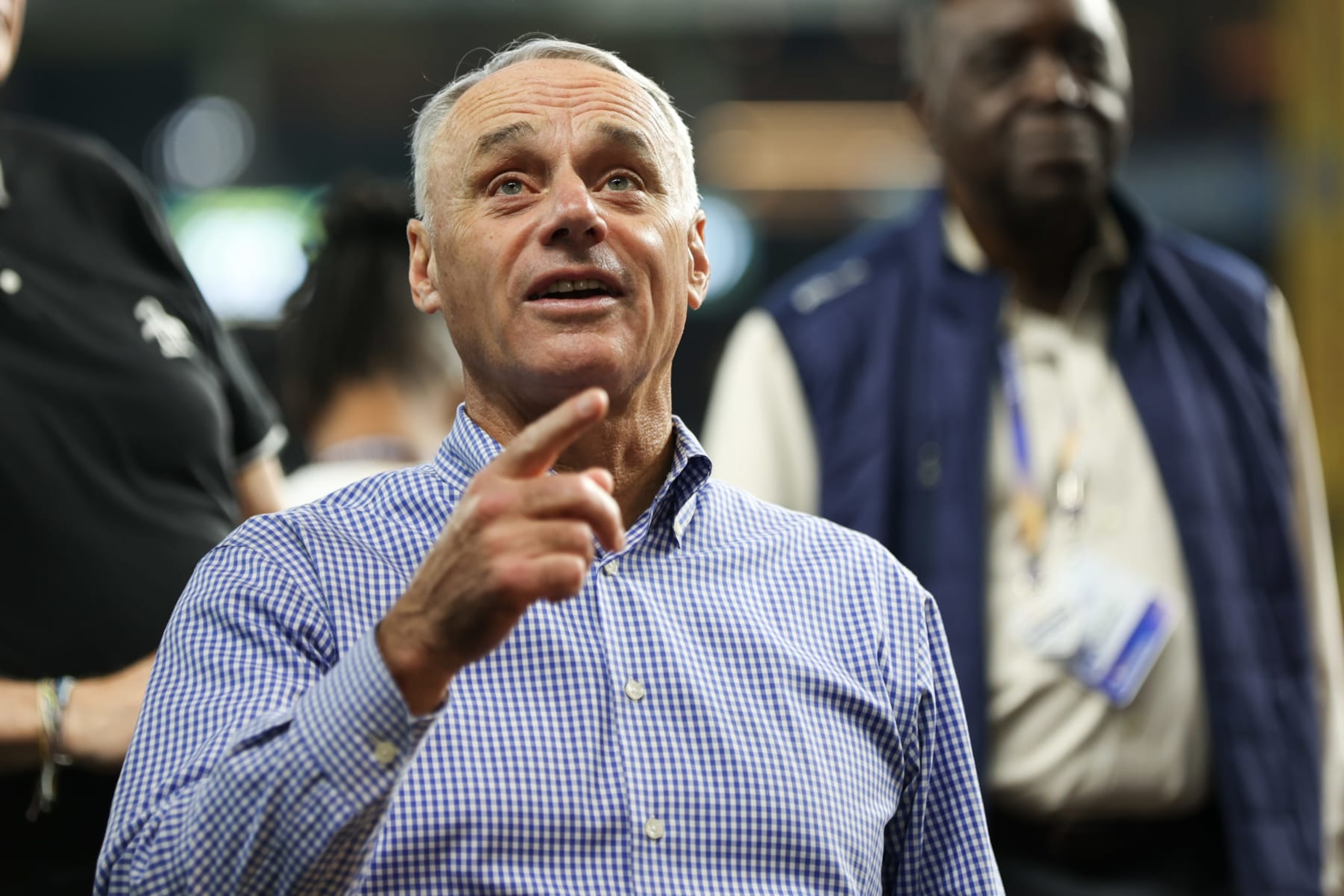 ARLINGTON, TX - OCTOBER 10: Major League Baseball commissioner Robert D. Manfred Jr. looks on prior to Game 3 of the Division Series between the Baltimore Orioles and the Texas Rangers at Globe Life Field on Tuesday, October 10, 2023 in Arlington, Texas. (Photo by Ron Jenkins/MLB Photos via Getty Images) ARLINGTON, TX - OCTOBER 10: Major League Baseball commissioner Robert D. Manfred Jr. looks on prior to Game 3 of the Division Series between the Baltimore Orioles and the Texas Rangers at Globe Life Field on Tuesday, October 10, 2023 in Arlington, Texas. (Photo by Ron Jenkins/MLB Photos via Getty Images)