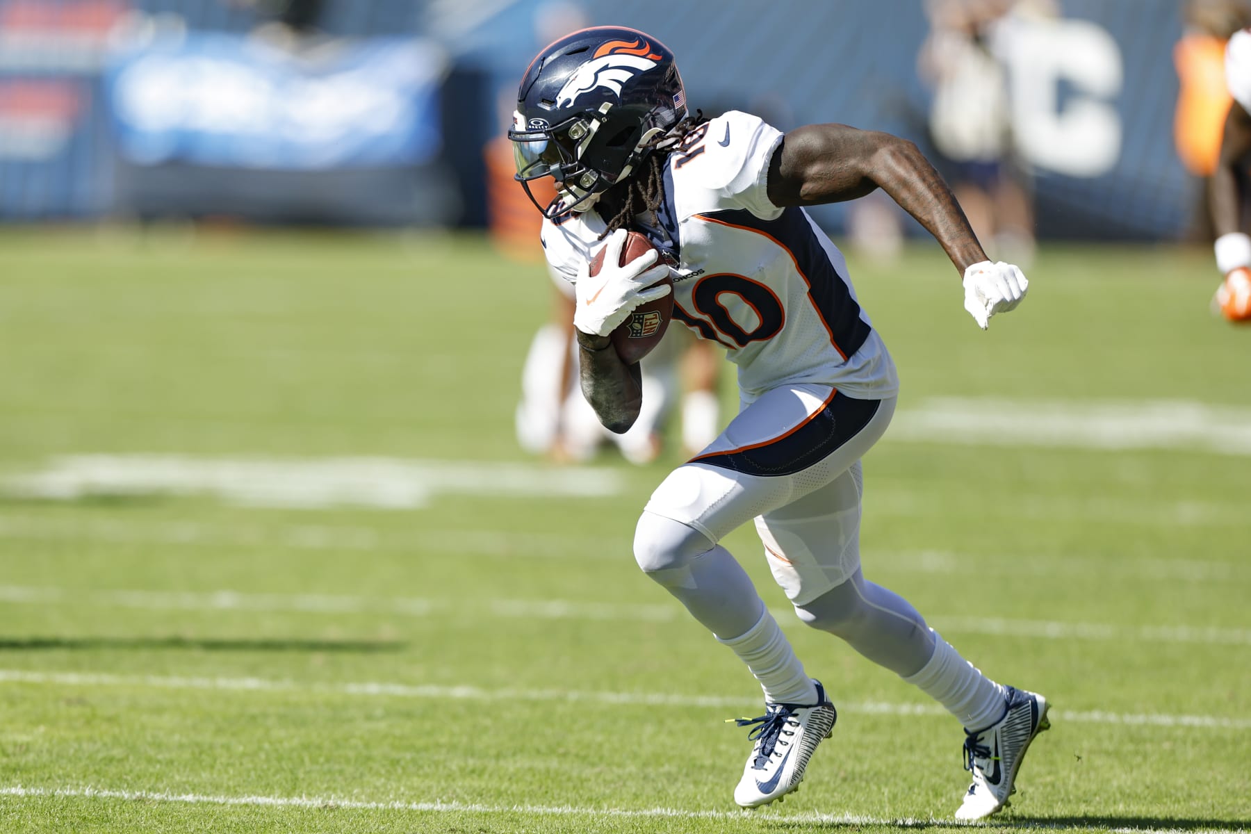 Denver Broncos wide receiver Jerry Jeudy (10) runs on the field during the second half of an NFL football game against the Chicago Bears, Sunday, Oct. 1, 2023, in Chicago. (AP Photo/Kamil Krzaczynski)