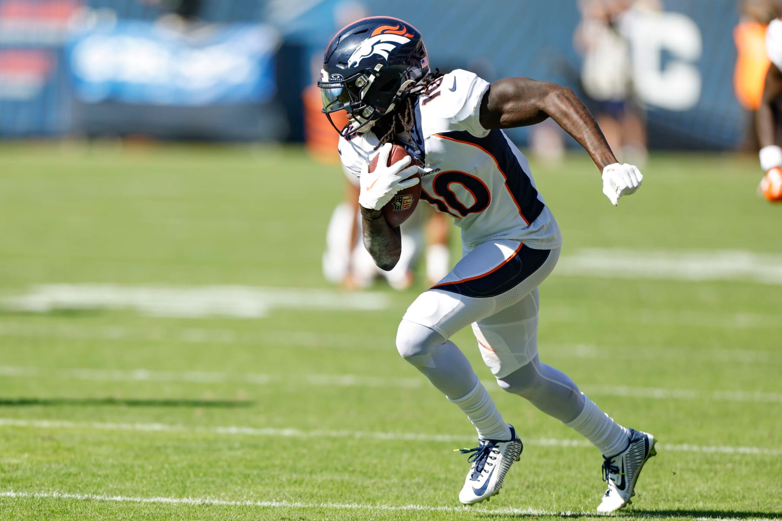 Denver Broncos wide receiver Jerry Jeudy (10) runs on the field during the second half of an NFL football game against the Chicago Bears, Sunday, Oct. 1, 2023, in Chicago. (AP Photo/Kamil Krzaczynski) Denver Broncos wide receiver Jerry Jeudy (10) runs on the field during the second half of an NFL football game against the Chicago Bears, Sunday, Oct. 1, 2023, in Chicago. (AP Photo/Kamil Krzaczynski)