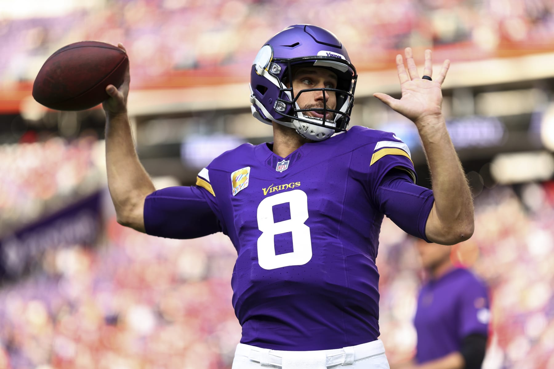 MINNEAPOLIS, MN - OCTOBER 8: Kirk Cousins #8 of the Minnesota Vikings warms up prior to an NFL football game against the Kansas City Chiefs at U.S. Bank Stadium on October 8, 2023 in Minneapolis, Minnesota. (Photo by Kevin Sabitus/Getty Images)