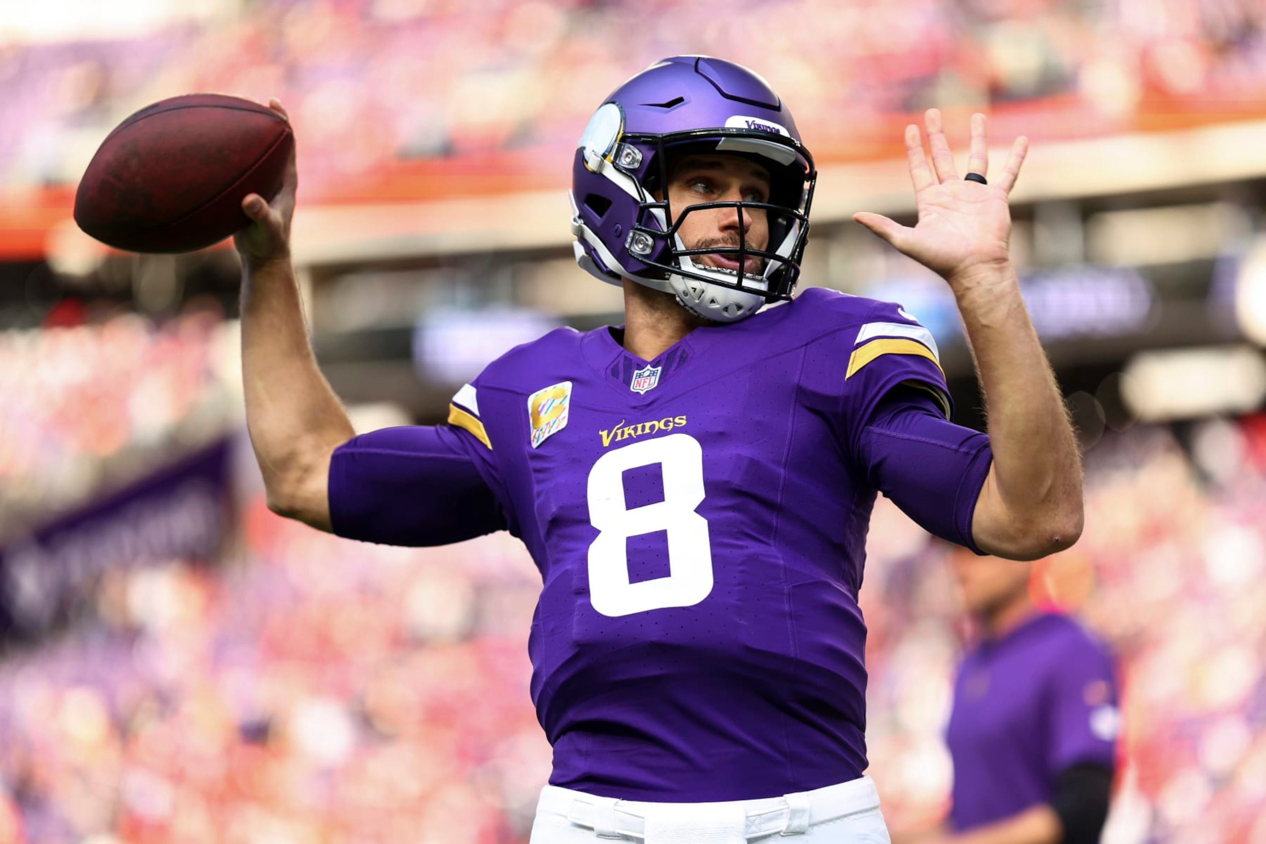 MINNEAPOLIS, MN - OCTOBER 8: Kirk Cousins #8 of the Minnesota Vikings warms up prior to an NFL football game against the Kansas City Chiefs at U.S. Bank Stadium on October 8, 2023 in Minneapolis, Minnesota. (Photo by Kevin Sabitus/Getty Images) MINNEAPOLIS, MN - OCTOBER 8: Kirk Cousins #8 of the Minnesota Vikings warms up prior to an NFL football game against the Kansas City Chiefs at U.S. Bank Stadium on October 8, 2023 in Minneapolis, Minnesota. (Photo by Kevin Sabitus/Getty Images)