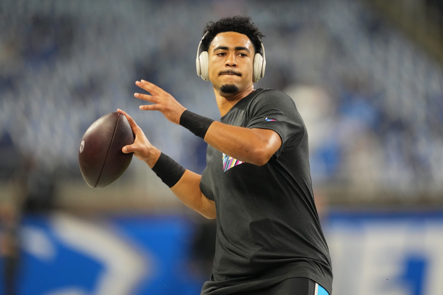 DETROIT, MICHIGAN - OCTOBER 08: Bryce Young #9 of the Carolina Panthers warms up before the game against the Detroit Lions at Ford Field on October 08, 2023 in Detroit, Michigan. (Photo by Nic Antaya/Getty Images)