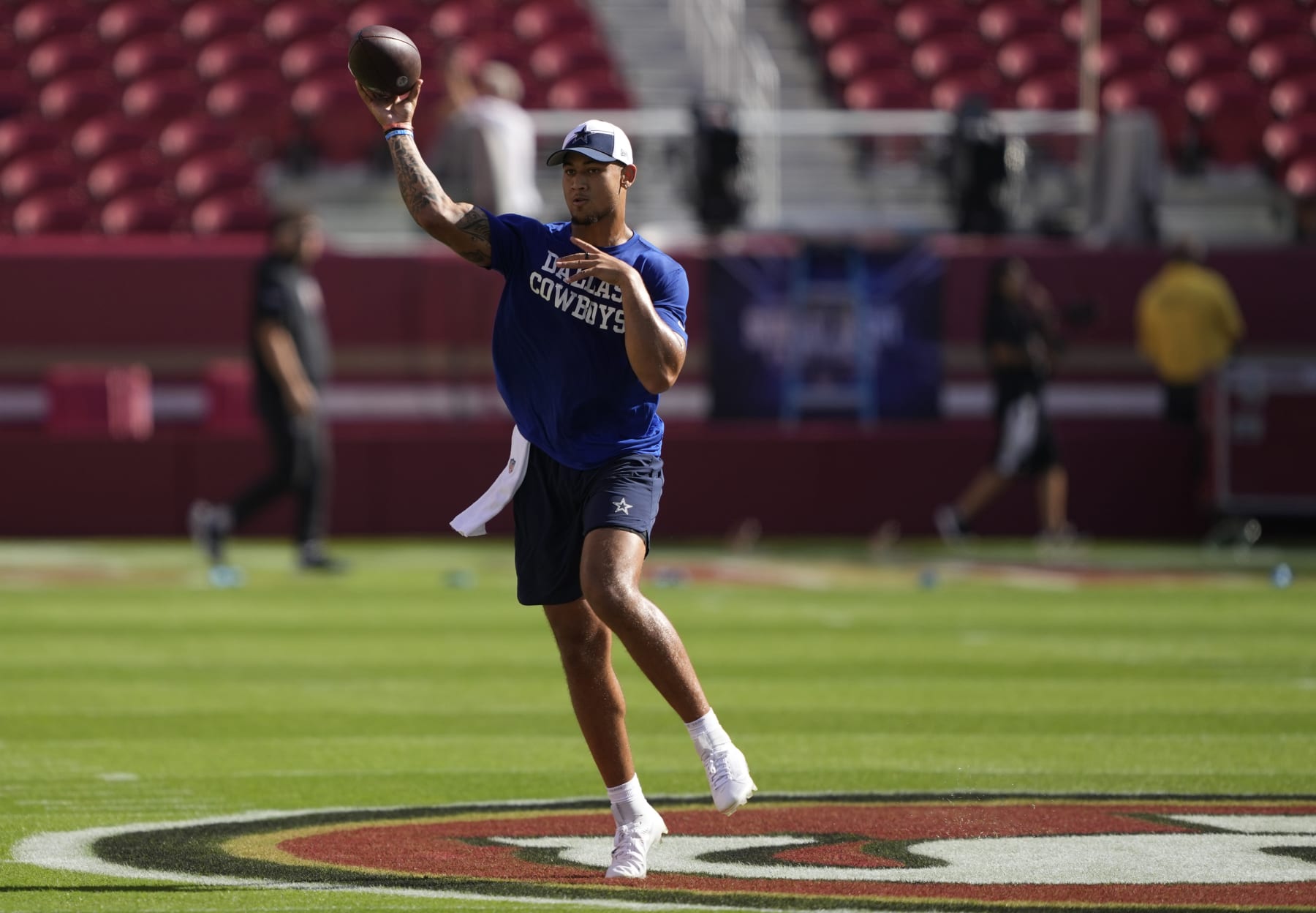 SANTA CLARA, CALIFORNIA - OCTOBER 08: Trey Lance #15 of the Dallas Cowboys warms up prior to a game against the San Francisco 49ers at Levi's Stadium on October 08, 2023 in Santa Clara, California. (Photo by Thearon W. Henderson/Getty Images)