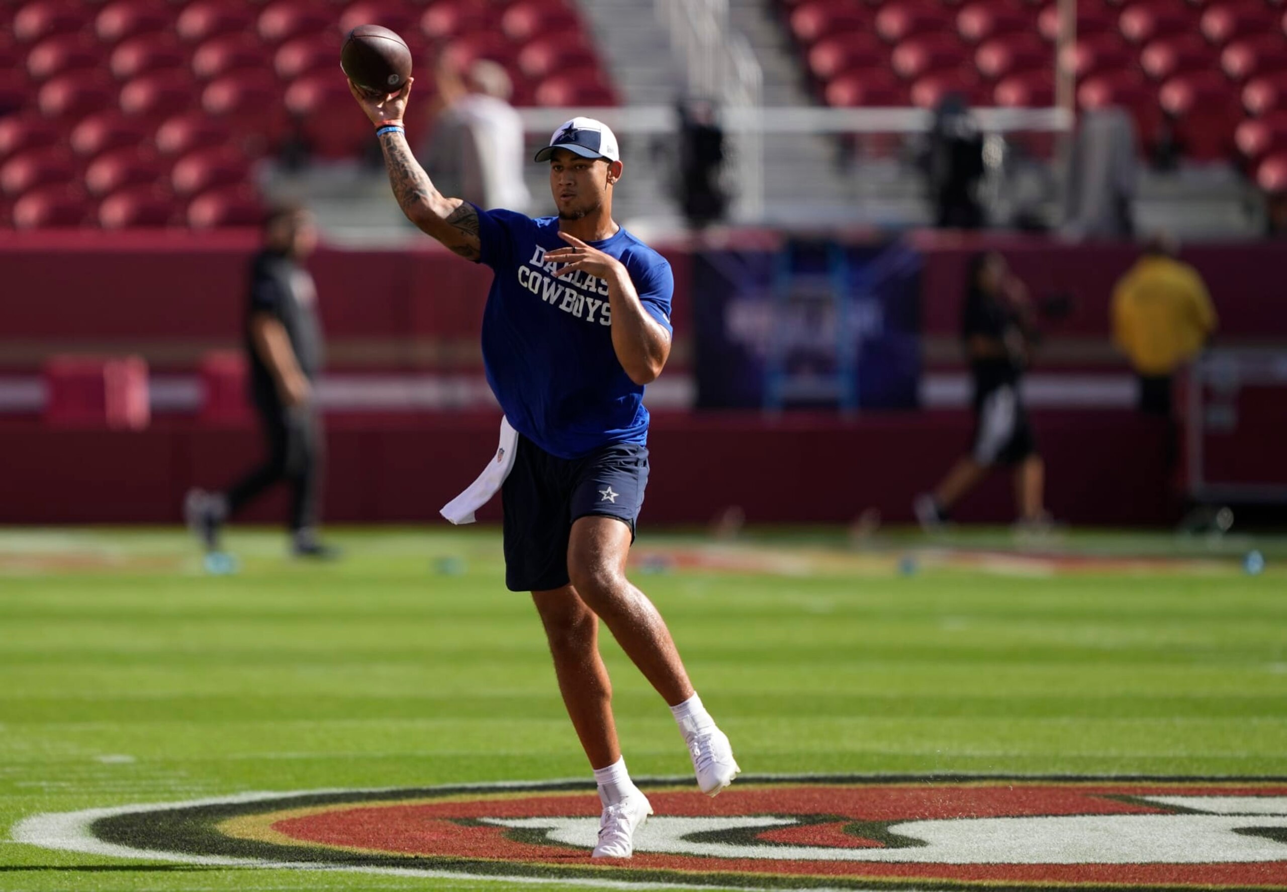 SANTA CLARA, CALIFORNIA - OCTOBER 08: Trey Lance #15 of the Dallas Cowboys warms up prior to a game against the San Francisco 49ers at Levi's Stadium on October 08, 2023 in Santa Clara, California. (Photo by Thearon W. Henderson/Getty Images)