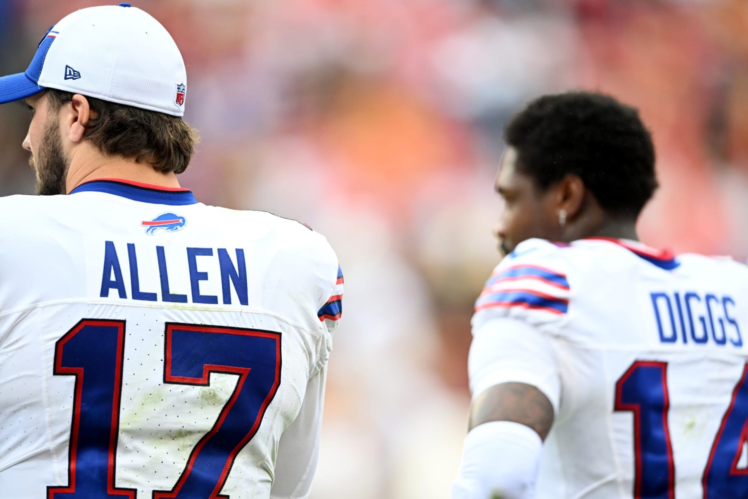 LANDOVER, MARYLAND - SEPTEMBER 24: Josh Allen #17 and Stefon Diggs #14 of the Buffalo Bills watch the game against the Washington Commanders at FedExField on September 24, 2023 in Landover, Maryland. (Photo by G Fiume/Getty Images)