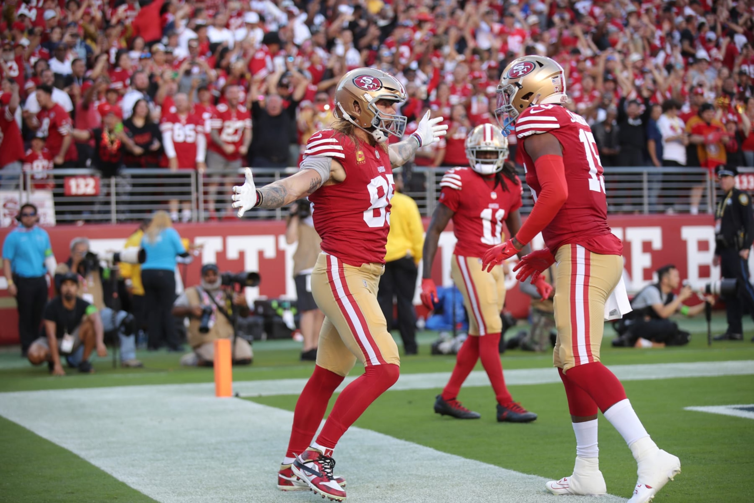 SANTA CLARA, CA - OCTOBER 8: George Kittle #85 of the San Francisco 49ers celebrates after making a 19-yard touchdown catch during game against the Dallas Cowboys at Levi's Stadium on October 8, 2023 in Santa Clara, California. The 49ers defeated the Cowboys 42-10. (Photo by Michael Zagaris/San Francisco 49ers/Getty Images) *** George Kittle