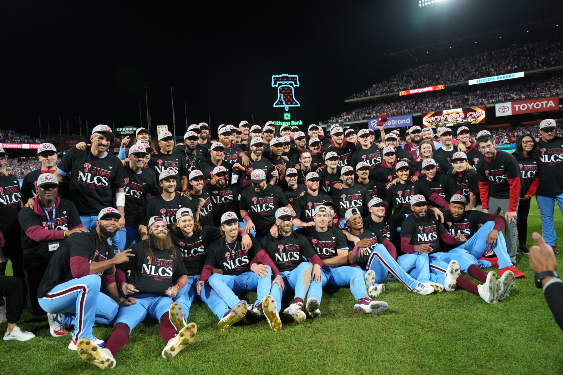 PHILADELPHIA, PA - OCTOBER 12: Philadelphia Phillies celebrate their win during game four of the NLDS game between the Atlanta Braves and the Philadelphia Phillies on October 12, 2023, at Citizens Bank Park. (Photo by Andy Lewis/Icon Sportswire via Getty Images) PHILADELPHIA, PA - OCTOBER 12: Philadelphia Phillies celebrate their win during game four of the NLDS game between the Atlanta Braves and the Philadelphia Phillies on October 12, 2023, at Citizens Bank Park. (Photo by Andy Lewis/Icon Sportswire via Getty Images)