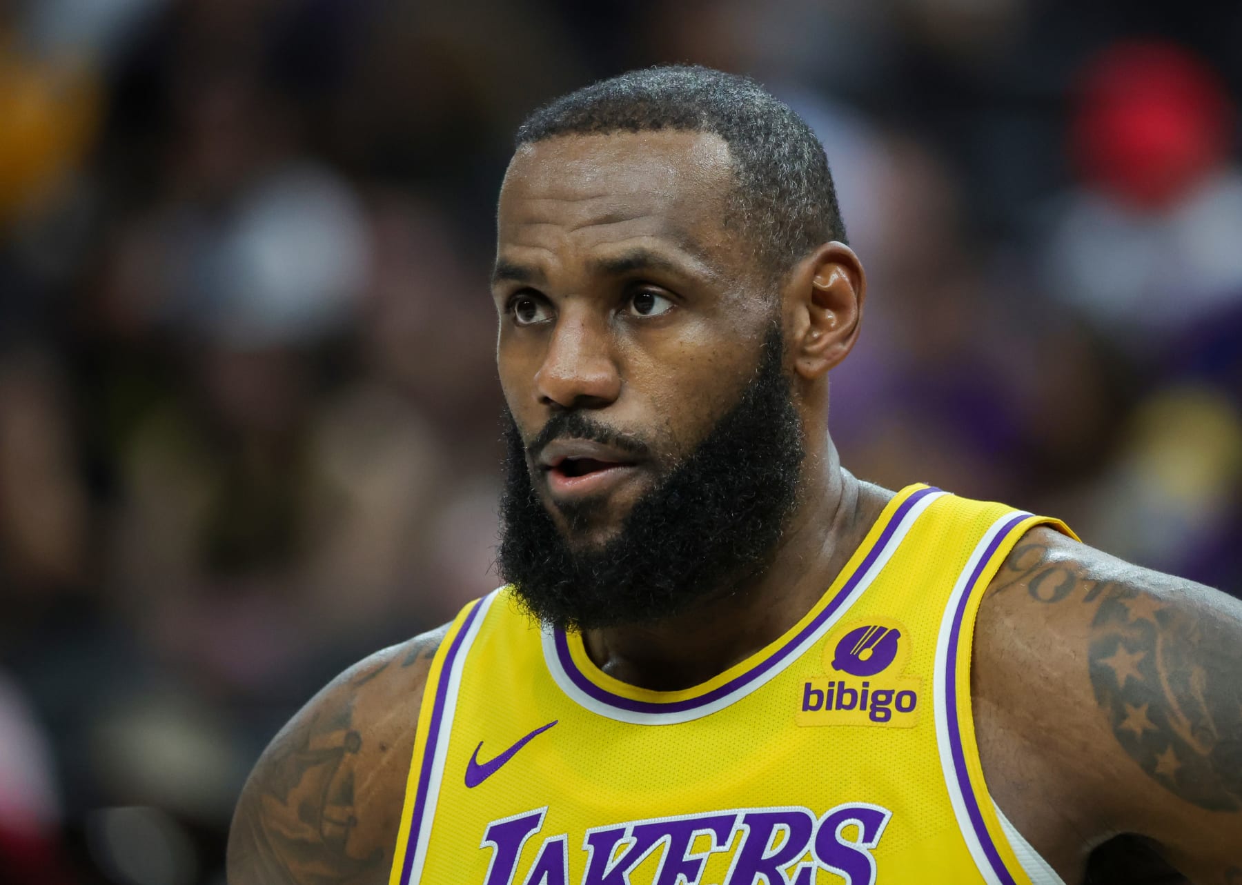 LAS VEGAS, NEVADA - OCTOBER 09: LeBron James #23 of the Los Angeles Lakers stands on the court during a break in the first quarter of a preseason game against the Brooklyn Nets at T-Mobile Arena on October 09, 2023 in Las Vegas, Nevada. The Lakers defeated the Nets 129-126. NOTE TO USER: User expressly acknowledges and agrees that, by downloading and or using this photograph, User is consenting to the terms and conditions of the Getty Images License Agreement. (Photo by Ethan Miller/Getty Images)