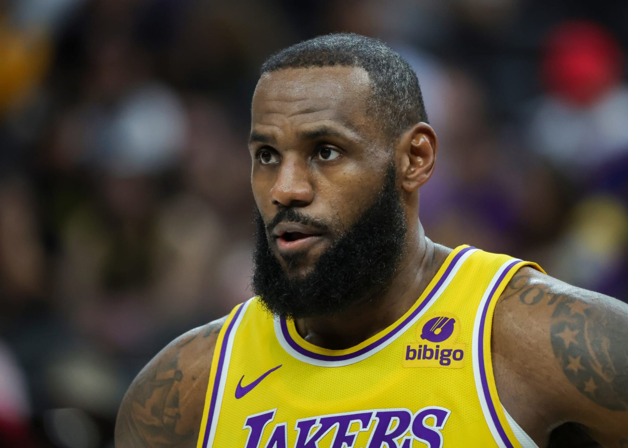 LAS VEGAS, NEVADA - OCTOBER 09: LeBron James #23 of the Los Angeles Lakers stands on the court during a break in the first quarter of a preseason game against the Brooklyn Nets at T-Mobile Arena on October 09, 2023 in Las Vegas, Nevada. The Lakers defeated the Nets 129-126. NOTE TO USER: User expressly acknowledges and agrees that, by downloading and or using this photograph, User is consenting to the terms and conditions of the Getty Images License Agreement. (Photo by Ethan Miller/Getty Images)