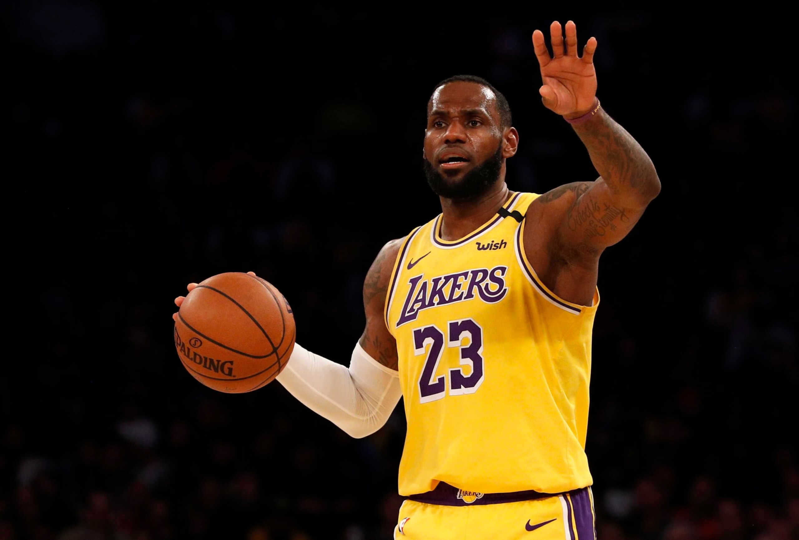 NEW YORK, NEW YORK - JANUARY 22:  (NEW YORK DAILIES OUT)   LeBron James #23 of the Los Angeles Lakers in action against the New York Knicks at Madison Square Garden on January 22, 2020 in New York City. The Lakers defeated the Knicks 100-92.  NOTE TO USER: User expressly acknowledges and agrees that, by downloading and or using this photograph, User is consenting to the terms and conditions of the Getty Images License Agreement. (Photo by Jim McIsaac/Getty Images)