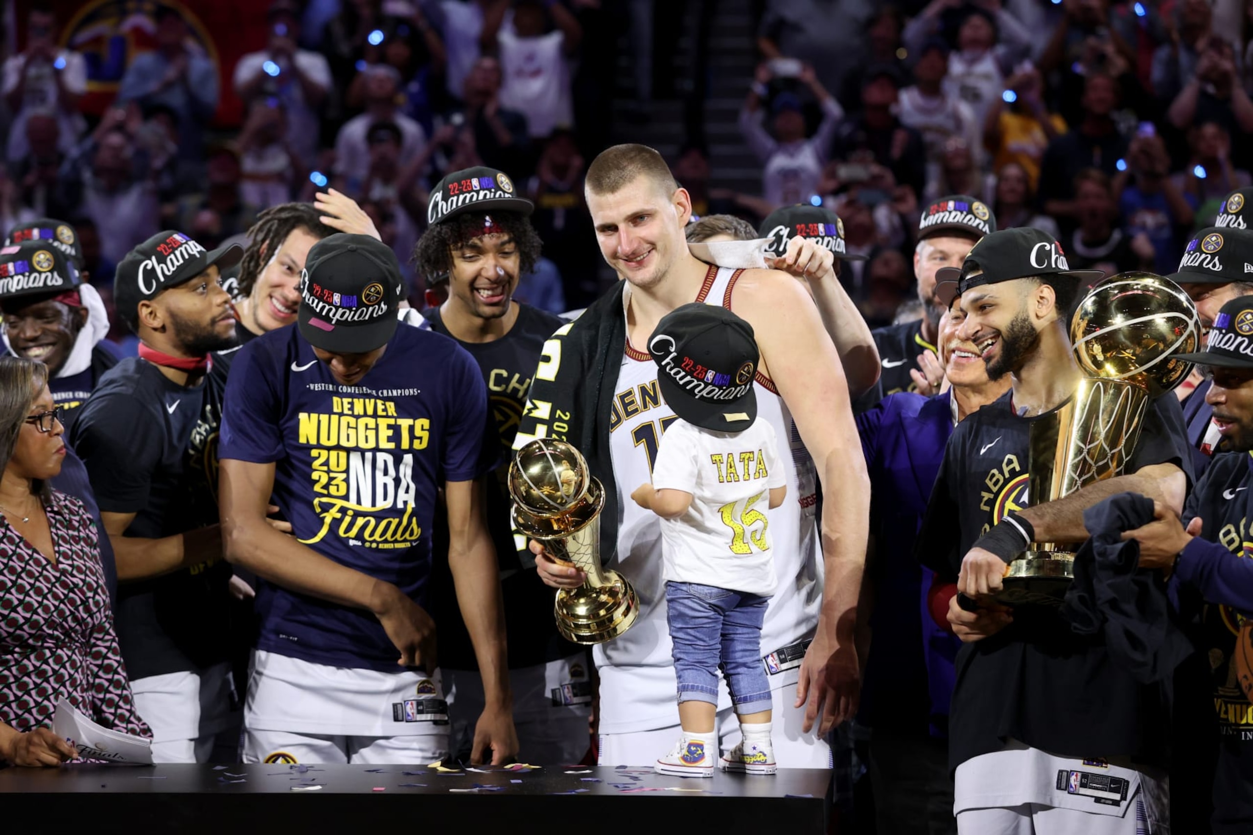 DENVER, CO - JUNE 12:  Nikola Jokic #15 of the Denver Nuggets is presented with the Bill Russell Finals MVP Trophy after Game Five of the 2023 NBA Finals on June 12, 2023 at Ball Arena in Denver, Colorado. NOTE TO USER: User expressly acknowledges and agrees that, by downloading and or using this Photograph, user is consenting to the terms and conditions of the Getty Images License Agreement. Mandatory Copyright Notice: Copyright 2023 NBAE (Photo by Joe Murphy/NBAE via Getty Images)