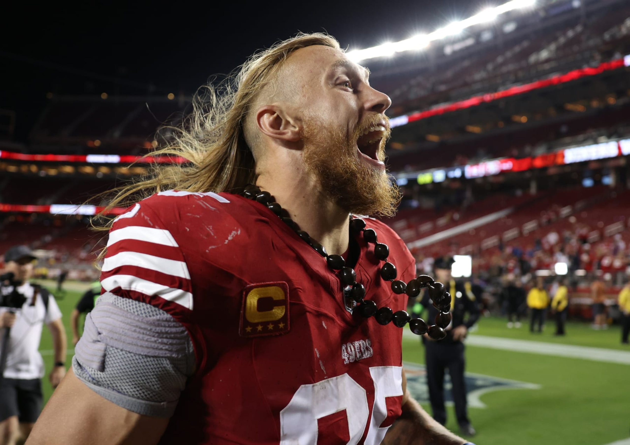 SANTA CLARA, CALIFORNIA - OCTOBER 08: George Kittle #85 of the San Francisco 49ers reacts after a 42-10 victory against the Dallas Cowboys at Levi's Stadium on October 08, 2023 in Santa Clara, California. (Photo by Ezra Shaw/Getty Images) SANTA CLARA, CALIFORNIA - OCTOBER 08: George Kittle #85 of the San Francisco 49ers reacts after a 42-10 victory against the Dallas Cowboys at Levi's Stadium on October 08, 2023 in Santa Clara, California. (Photo by Ezra Shaw/Getty Images)