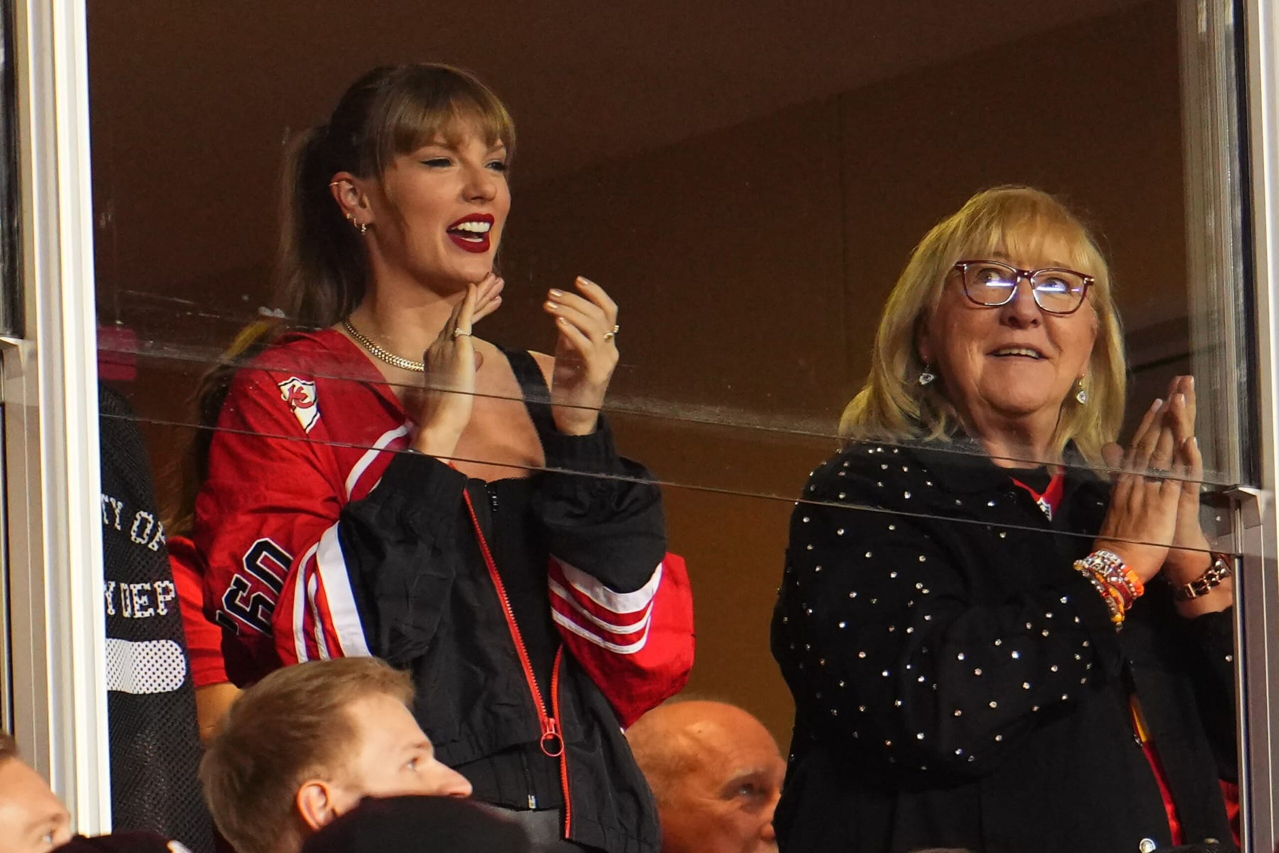 KANSAS CITY, MO - OCTOBER 12: Taylor Swift watches the Kansas City Chiefs play the Denver Broncos at GEHA Field at Arrowhead Stadium on October 12, 2023 in Kansas City, Missouri. (Photo by Cooper Neill/Getty Images)