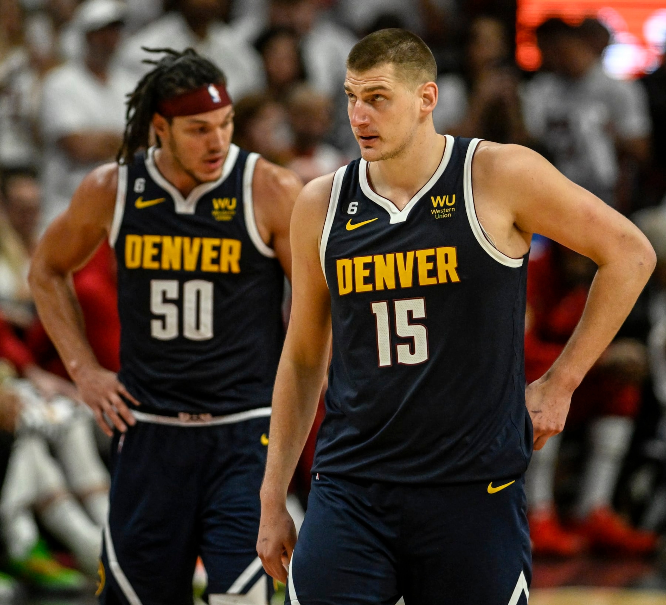 MIAMI, FL - JUNE 9: Nikola Jokic (15) and Aaron Gordon (50) of the Denver Nuggets work against the Miami Heat in the fourth quarter of the Nuggets' 108-95 win during Game 4 of the NBA Finals at the Kaseya Center in Miami on Friday, June 9, 2023. (Photo by AAron Ontiveroz/The Denver Post)
