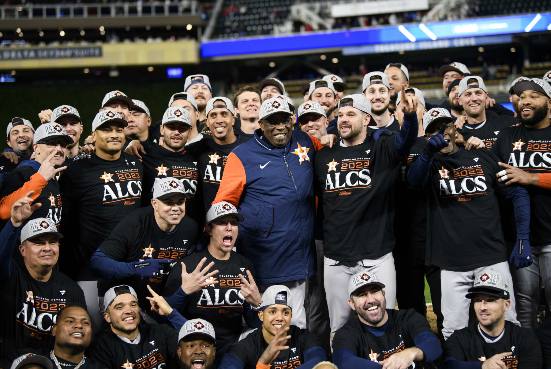 MINNEAPOLIS, MINNESOTA - OCTOBER 11: Manager Dusty Baker Jr. #12 of the Houston Astros celebrates with his team after the victory against the Minnesota Twins in Game Four of the Division Series at Target Field on October 11, 2023 in Minneapolis, Minnesota. (Photo by Stephen Maturen/Getty Images) MINNEAPOLIS, MINNESOTA - OCTOBER 11: Manager Dusty Baker Jr. #12 of the Houston Astros celebrates with his team after the victory against the Minnesota Twins in Game Four of the Division Series at Target Field on October 11, 2023 in Minneapolis, Minnesota. (Photo by Stephen Maturen/Getty Images)