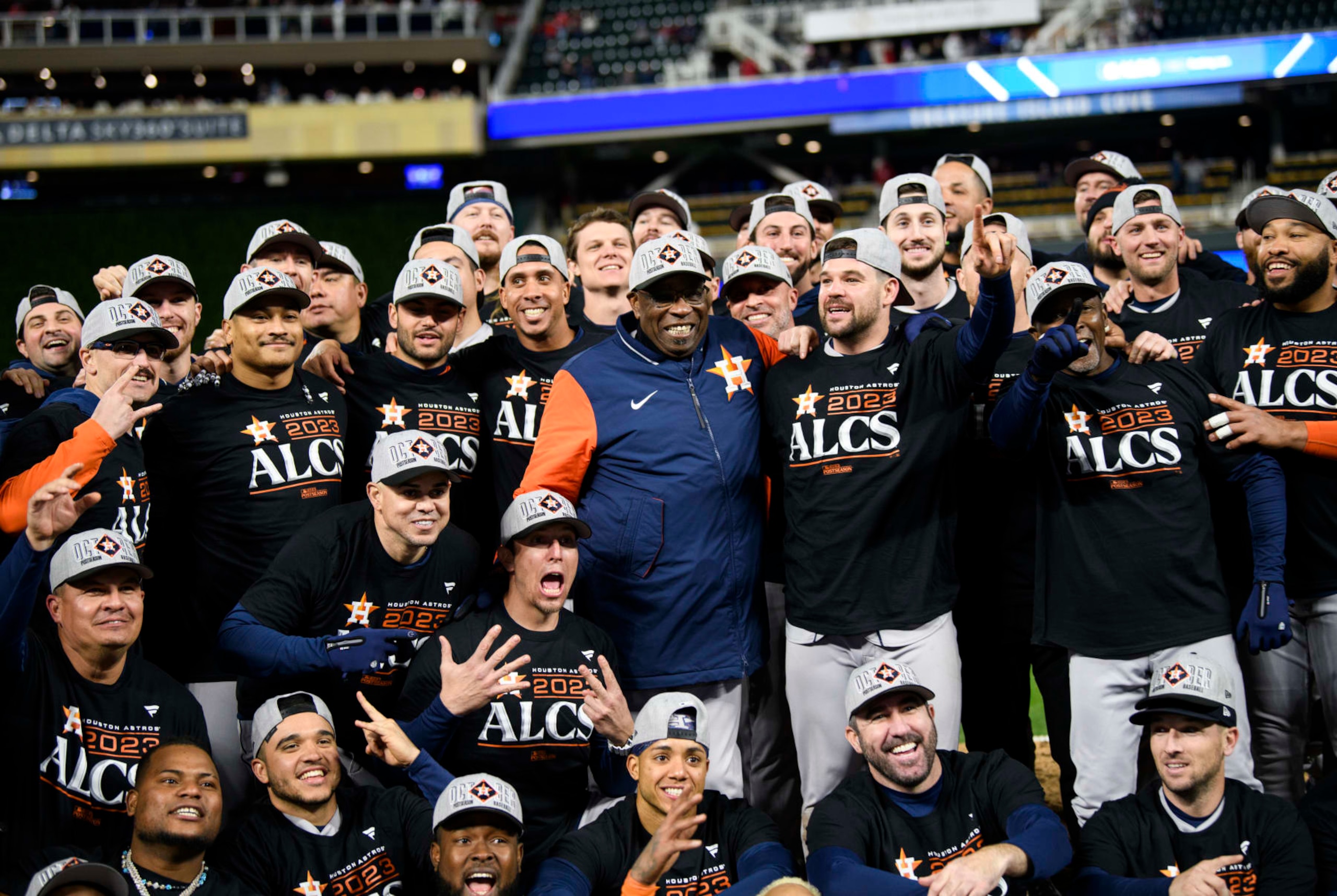 MINNEAPOLIS, MINNESOTA - OCTOBER 11: Manager Dusty Baker Jr. #12 of the Houston Astros celebrates with his team after the victory against the Minnesota Twins in Game Four of the Division Series at Target Field on October 11, 2023 in Minneapolis, Minnesota.  (Photo by Stephen Maturen/Getty Images)