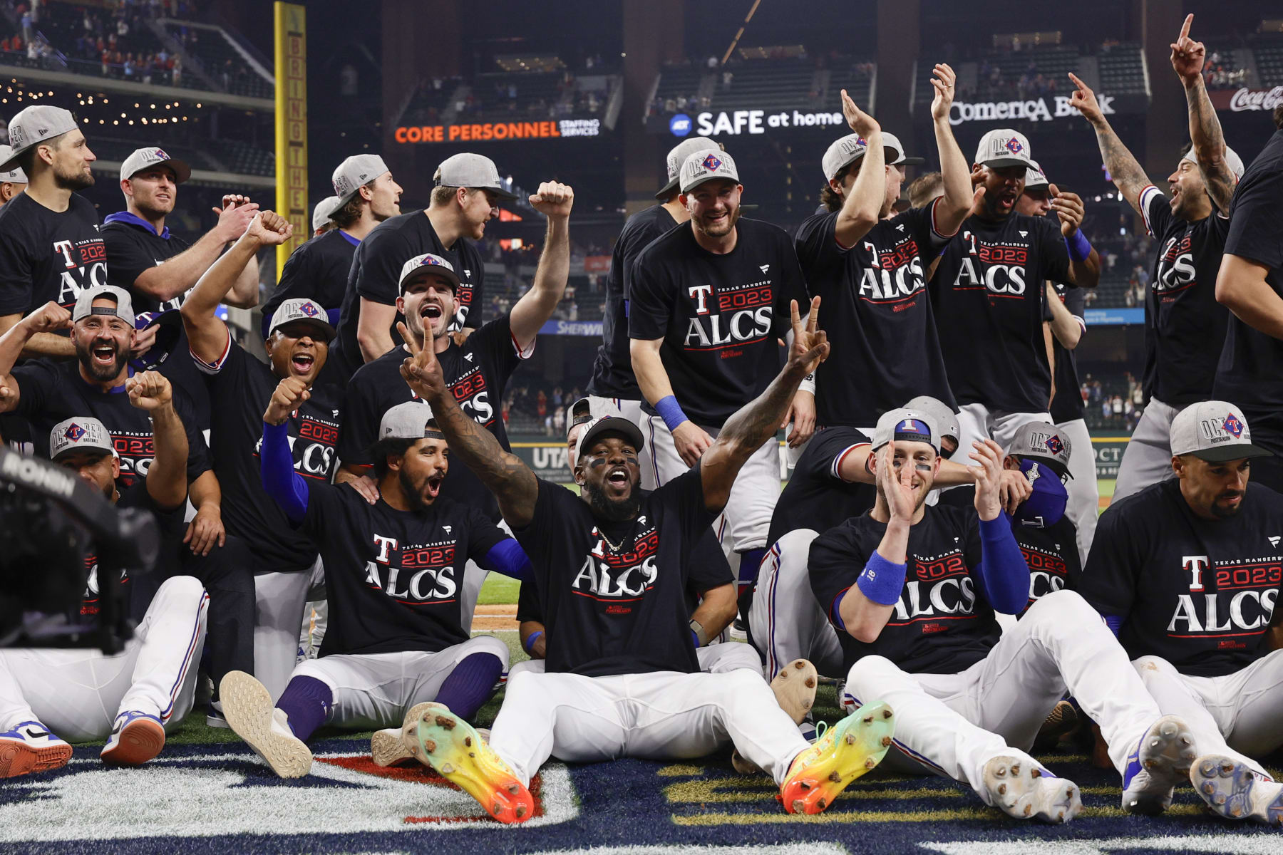 ARLINGTON, TEXAS - OCTOBER 10: Texas Rangers players celebrate after defeating the Baltimore Orioles in Game Three of the Division Series at Globe Life Field on October 10, 2023 in Arlington, Texas. (Photo by Carmen Mandato/Getty Images) ARLINGTON, TEXAS - OCTOBER 10: Texas Rangers players celebrate after defeating the Baltimore Orioles in Game Three of the Division Series at Globe Life Field on October 10, 2023 in Arlington, Texas. (Photo by Carmen Mandato/Getty Images)